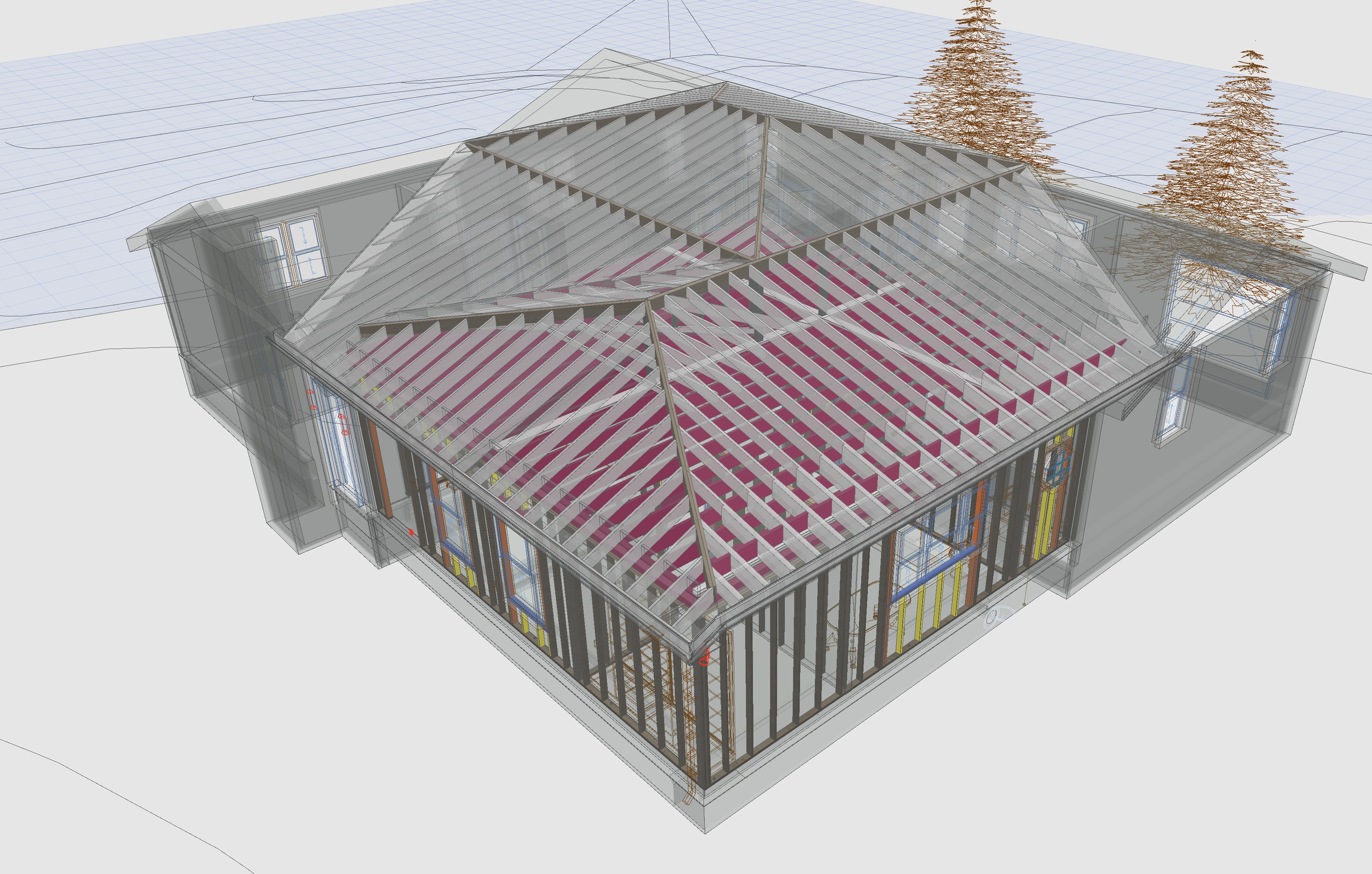 3D architectural rendering of a house under construction showing the roof framing and interior structural elements.