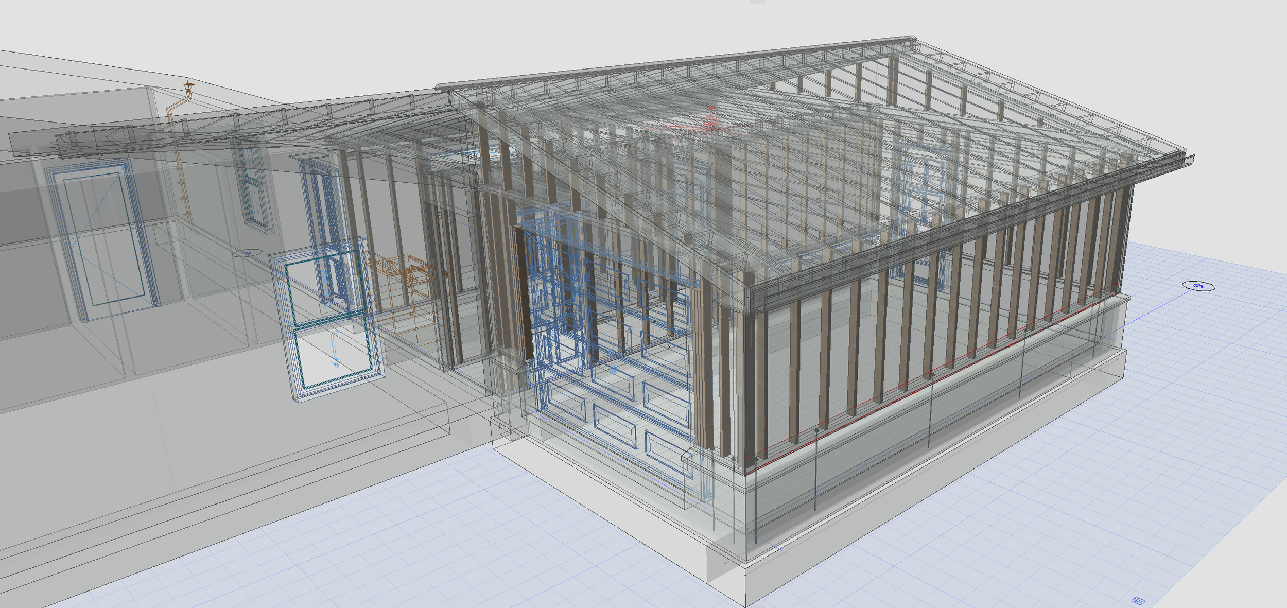 This is a 3D architectural construction model of a house showing framing, walls, and roof structure.