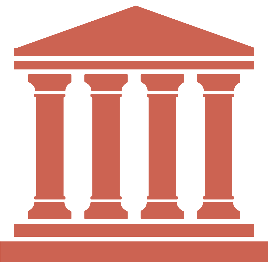 Icon of a classical building with pillars and a triangular roof.