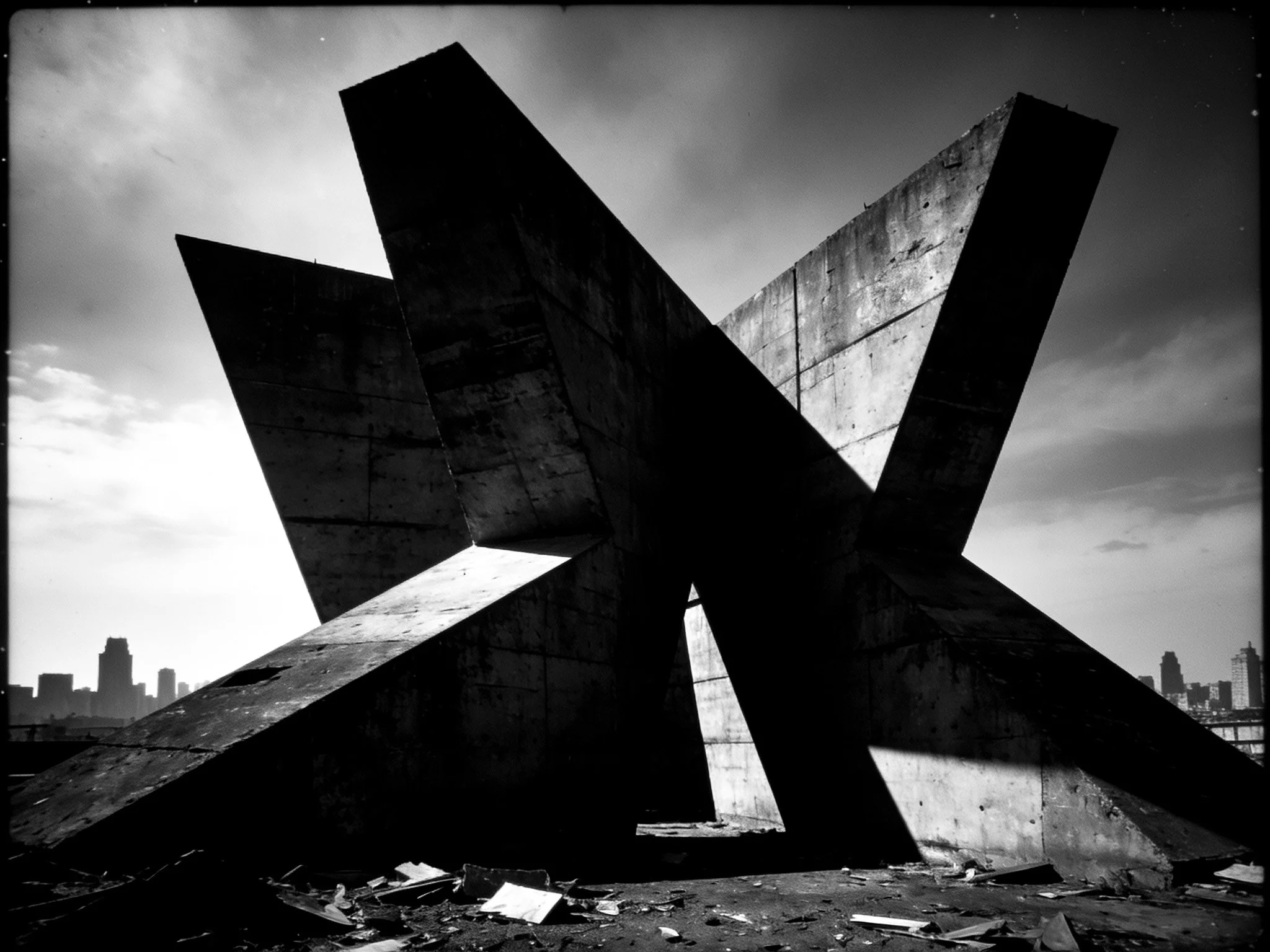 A large, abstract, geometric metal sculpture on a rooftop with a city skyline in the background, captured in black and white.