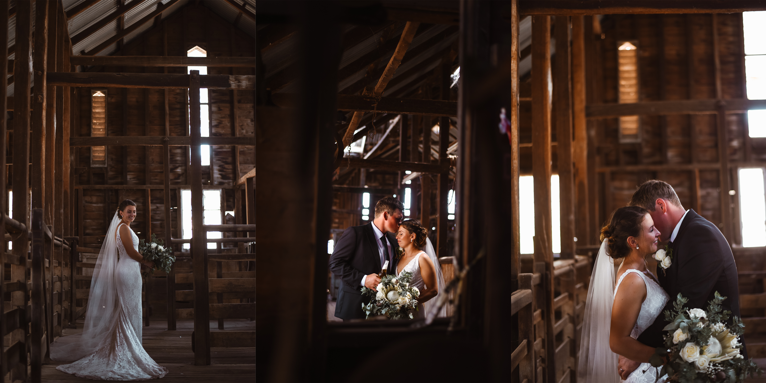 Couple's emotional moment during a country wedding in a shearing shed in South East Queensland