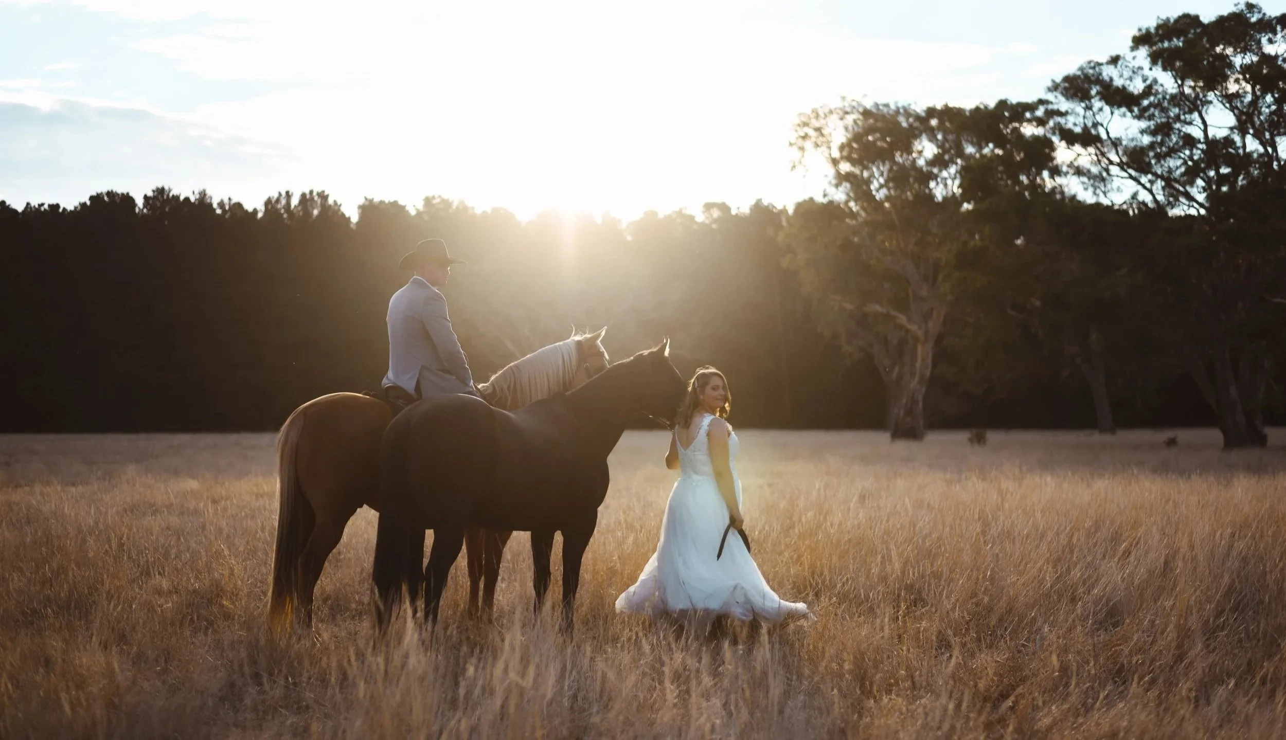 a couple with their horses after their wedding