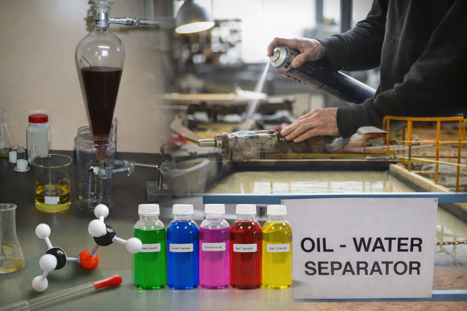 A person conducts an oil-water separation experiment using a labeled separator, with colorful test tubes and laboratory equipment on the table.