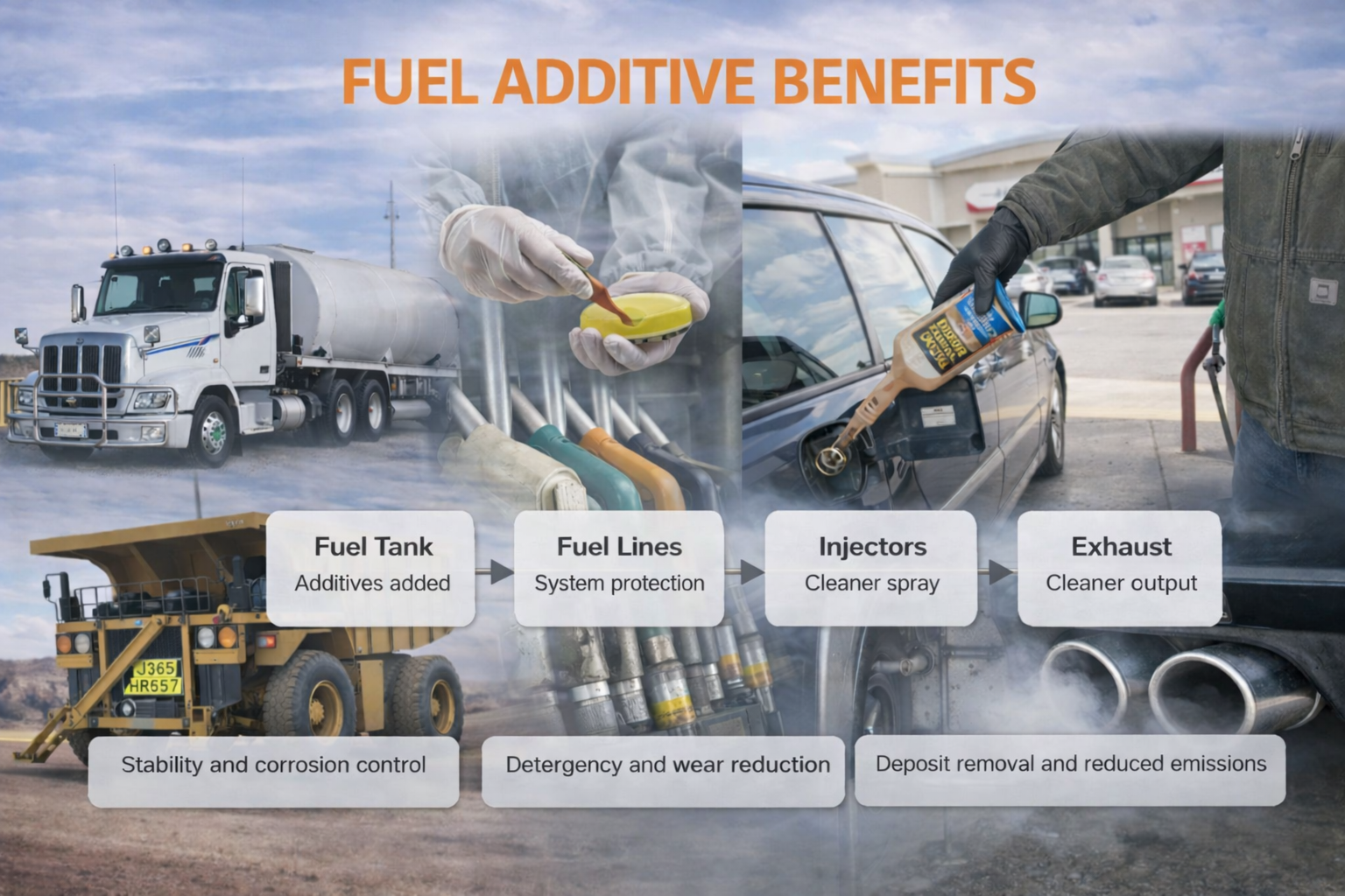 Diagram showing fuel additive benefits process; includes images of a fuel truck, person adding additives to fuel tank, and person dispensing cleaner into car fuel tank. Process steps: Fuel Tank - Additives added, Fuel Lines - System protection, Injectors - Cleaner spray, Exhaust - Cleaner output; benefits: stability, corrosion control, wear reduction, emissions reduction.