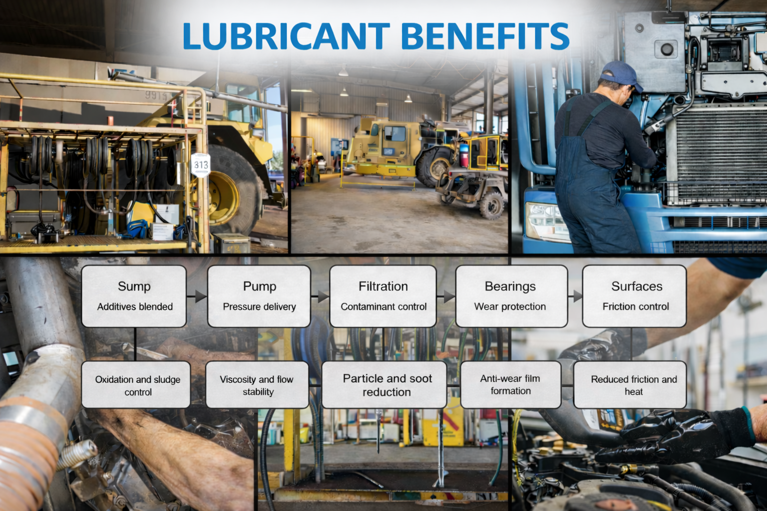 A collage showing an industrial garage with heavy machinery, a worker inspecting a truck engine, and a flowchart explaining the benefits of lubricants, including steps like sump blending, pump pressure delivery, filtration, bearings protection, and surface friction control.