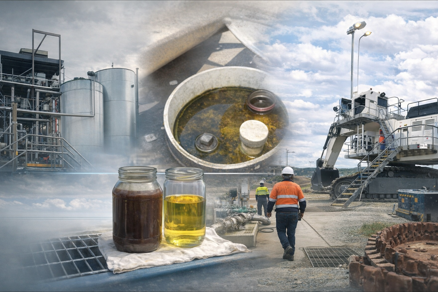 Collage of oil refinery and oil samples with workers. A refinery with tanks and equipment on the left, a man in safety gear walking near machinery on the right, and oil samples in jars in the foreground.