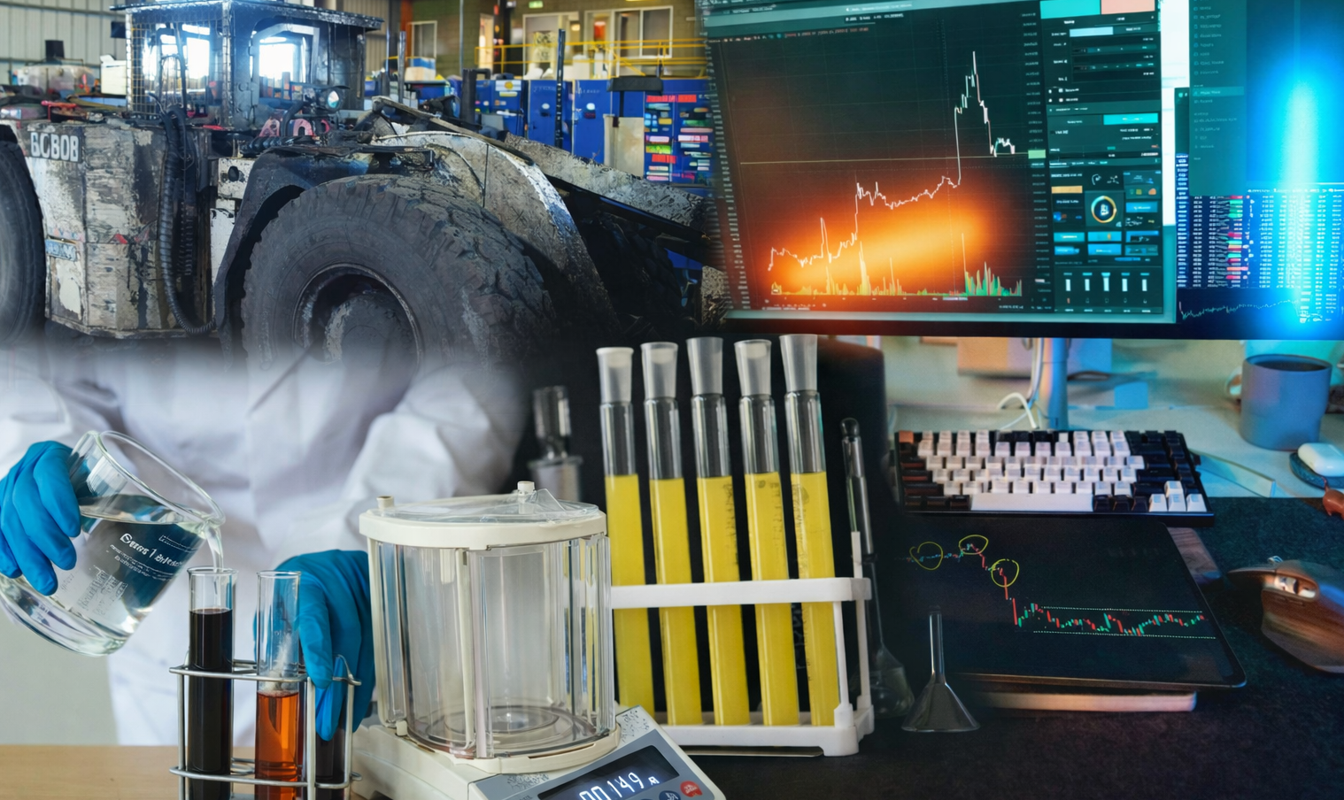 A split image showing a muddy construction vehicle and an industrial warehouse on the left, with a scientific laboratory and stock market data analysis on the right.