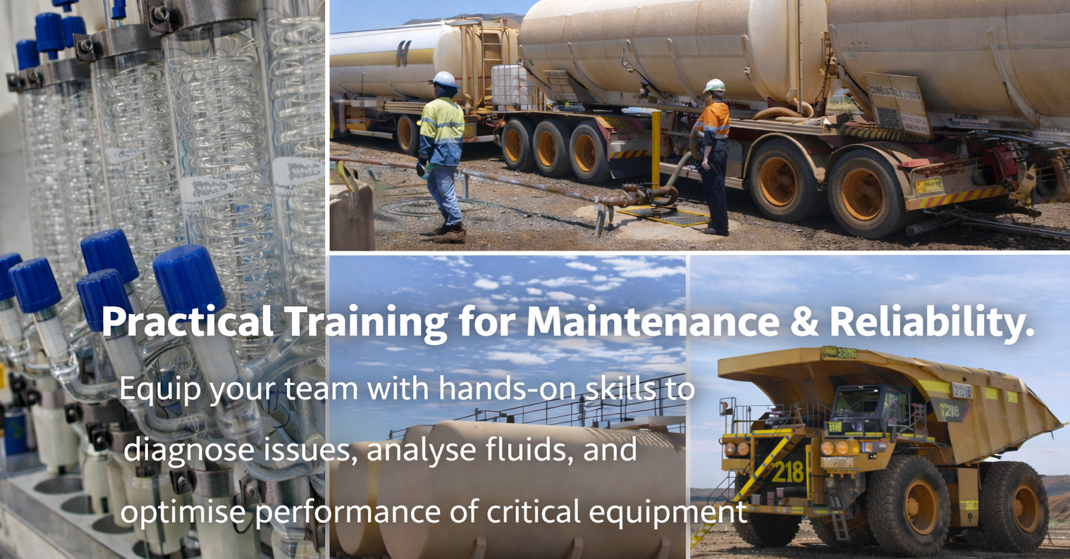 Collage of industrial scenes including test tubes with liquids, workers in safety gear operating a large tanker truck, and an off-highway mining dump truck, with overlaid text promoting practical training for maintenance and reliability.