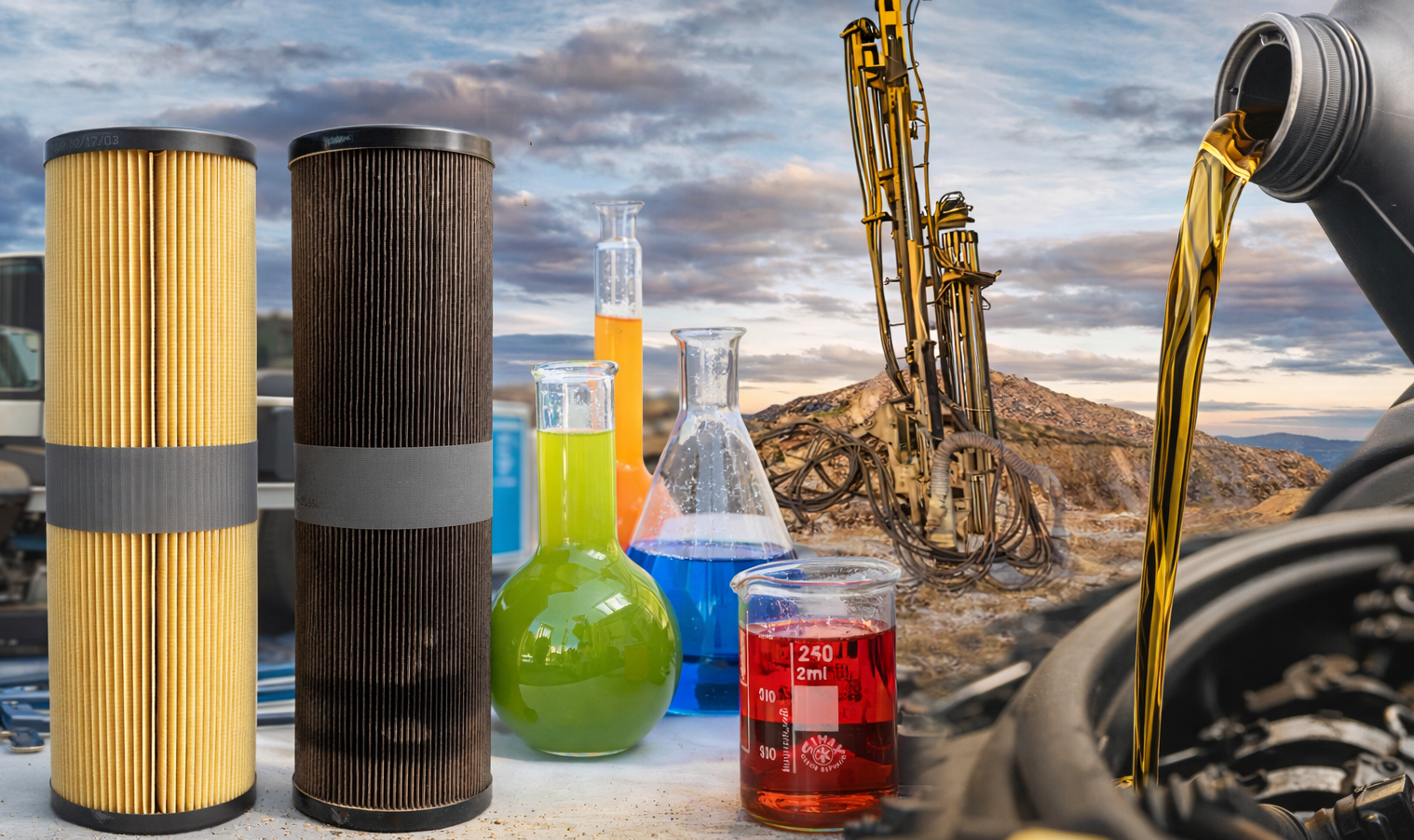 Car engine oil and coolant being changed at an outdoor auto repair site with filters, beakers of colored liquids, and construction machinery in the background.