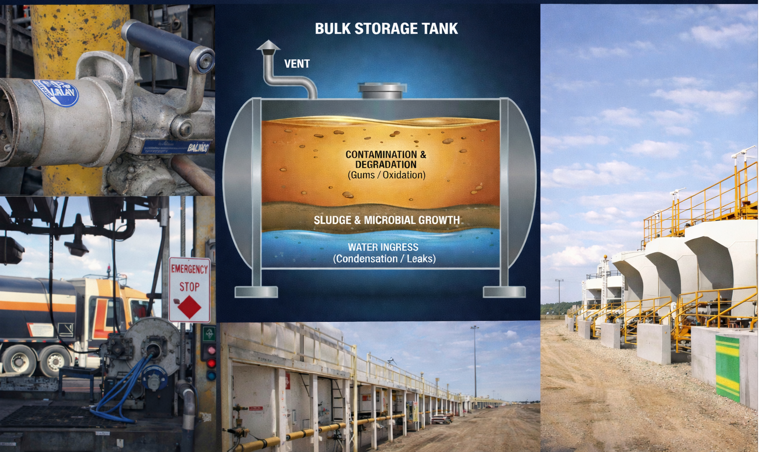 Diagram of a bulk storage tank showing contamination, sludge, and water ingress layers, with surrounding industrial equipment and pipelines.