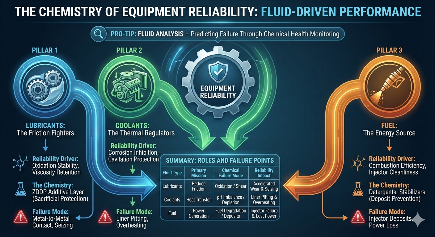 A diagram titled 'The Chemistry of Equipment Reliability: Fluid-Driven Performance' illustrating three pillars of equipment reliability. Pillar 1: Lubricants, with details on reliability drivers, chemistry, and failure modes, emphasizing oxidation stability, viscosity retention, and failures like metal-to-metal contact and seizing. Pillar 2: Coolants, focusing on thermal regulators, corrosion inhibition, cavitation protection, and failure modes like liner pitting and overheating. Pillar 3: Fuel, highlighting energy source, combustion efficiency, injector cleanliness, and failures like injector deposits and power loss. The diagram includes a summary table of roles and failure points for each fluid type, with primary missions, chemical failure modes, and reliability impacts.