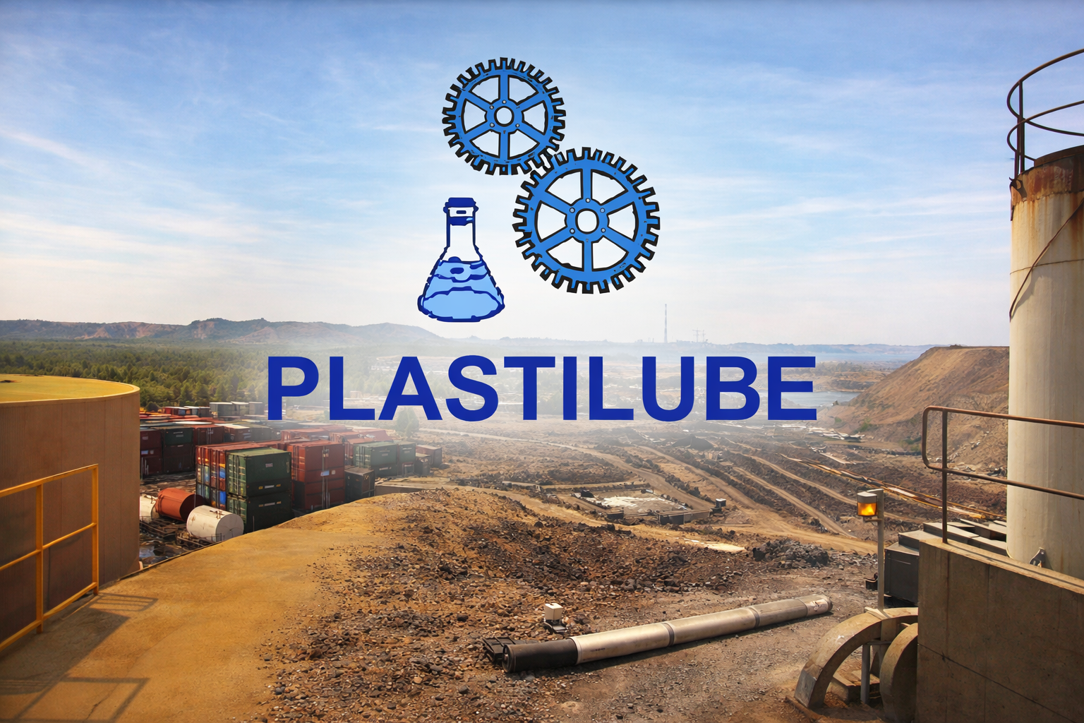 Industrial landscape with containers, pipes, and machinery, overlaid with a graphic of gears, a flask, and the word 'PLASTILUBE'.