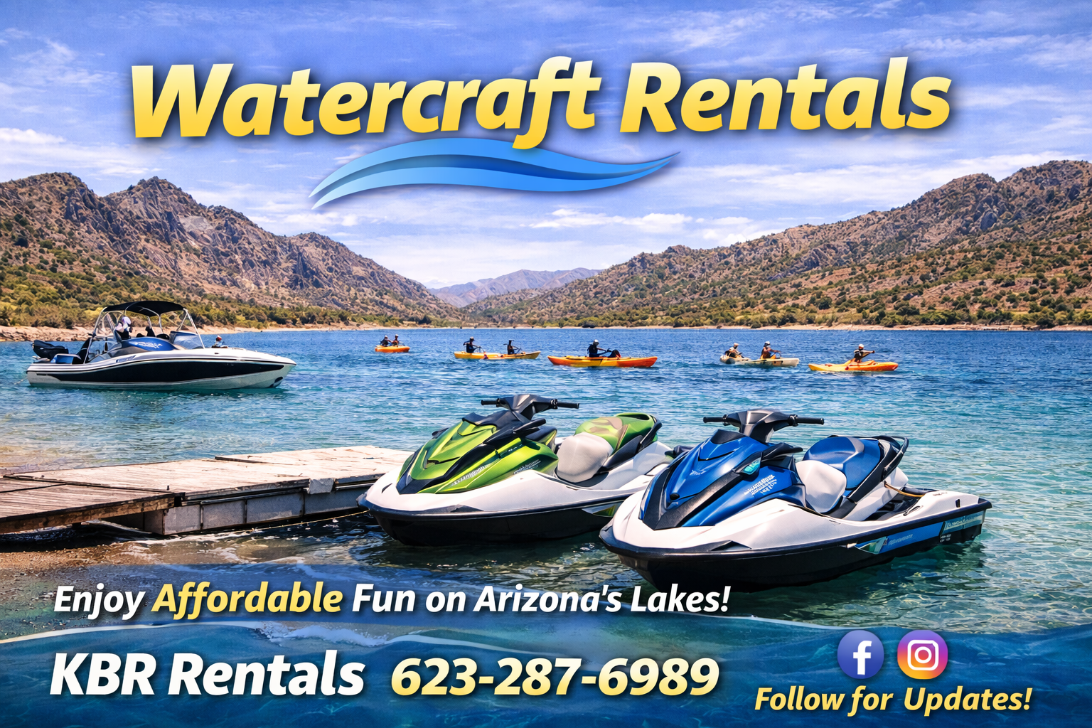 Watercraft rentals in Phoenix AZ featuring jet skis on an Arizona lake by KBR Rentals & More