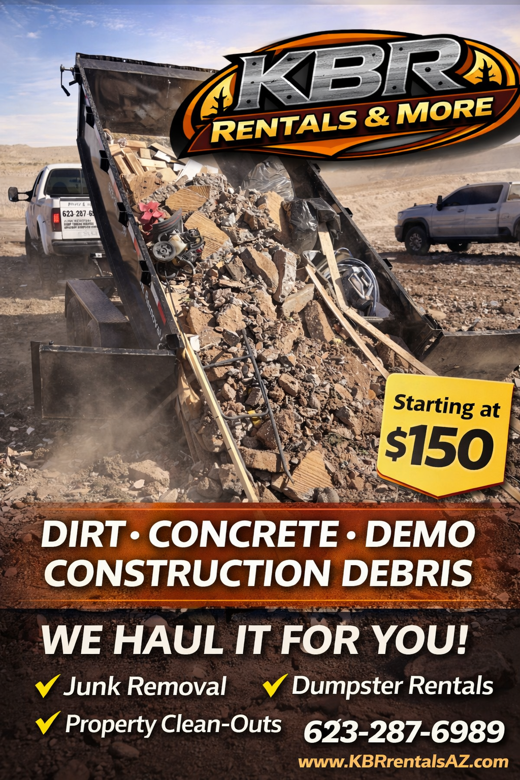 Driveway-friendly dump trailer rental from KBR Rentals and More in Peoria Arizona