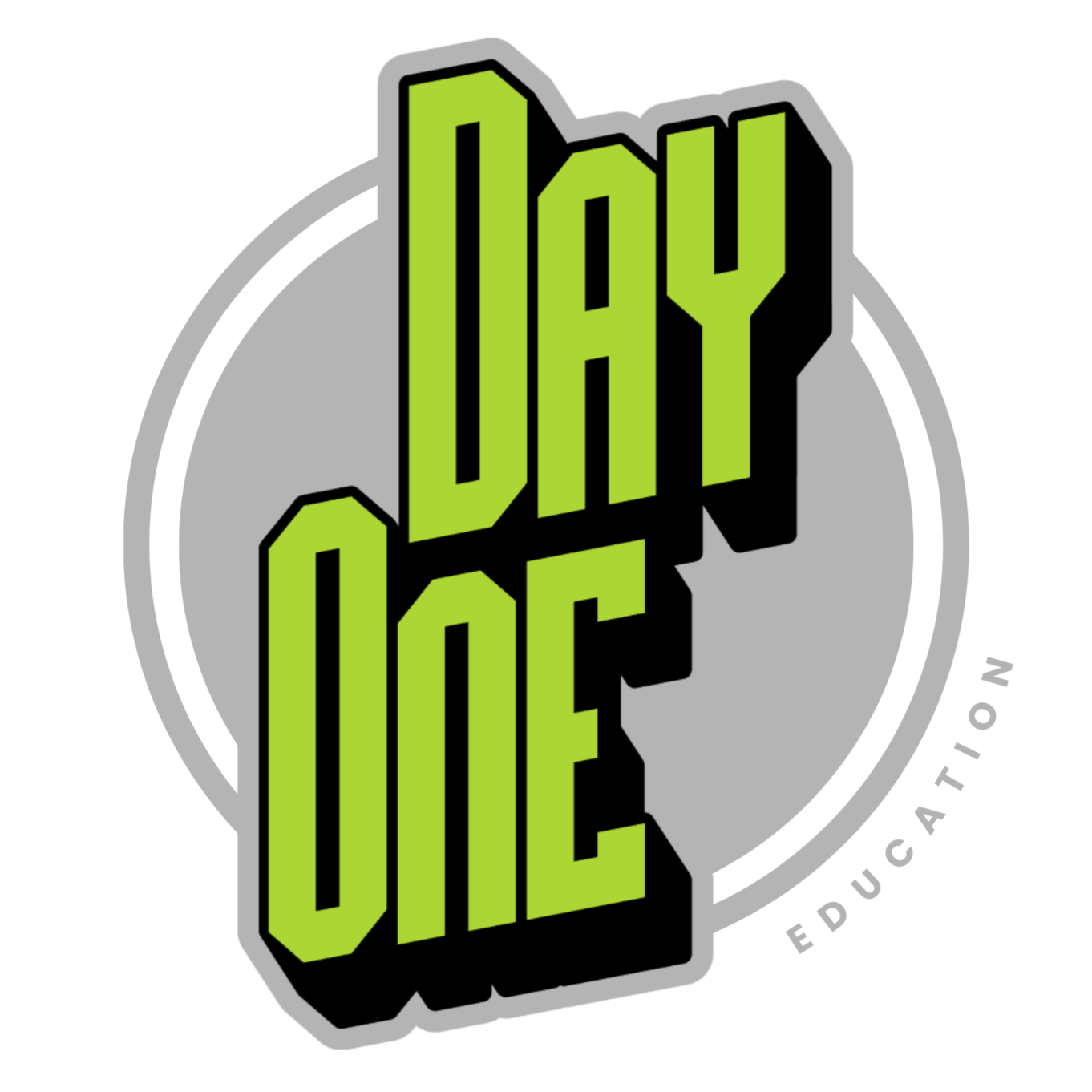Logo with the words 'Day One' in large green letters with black outlines, overlapping a grey circle outline, with the word 'Education' curved around the bottom right edge.