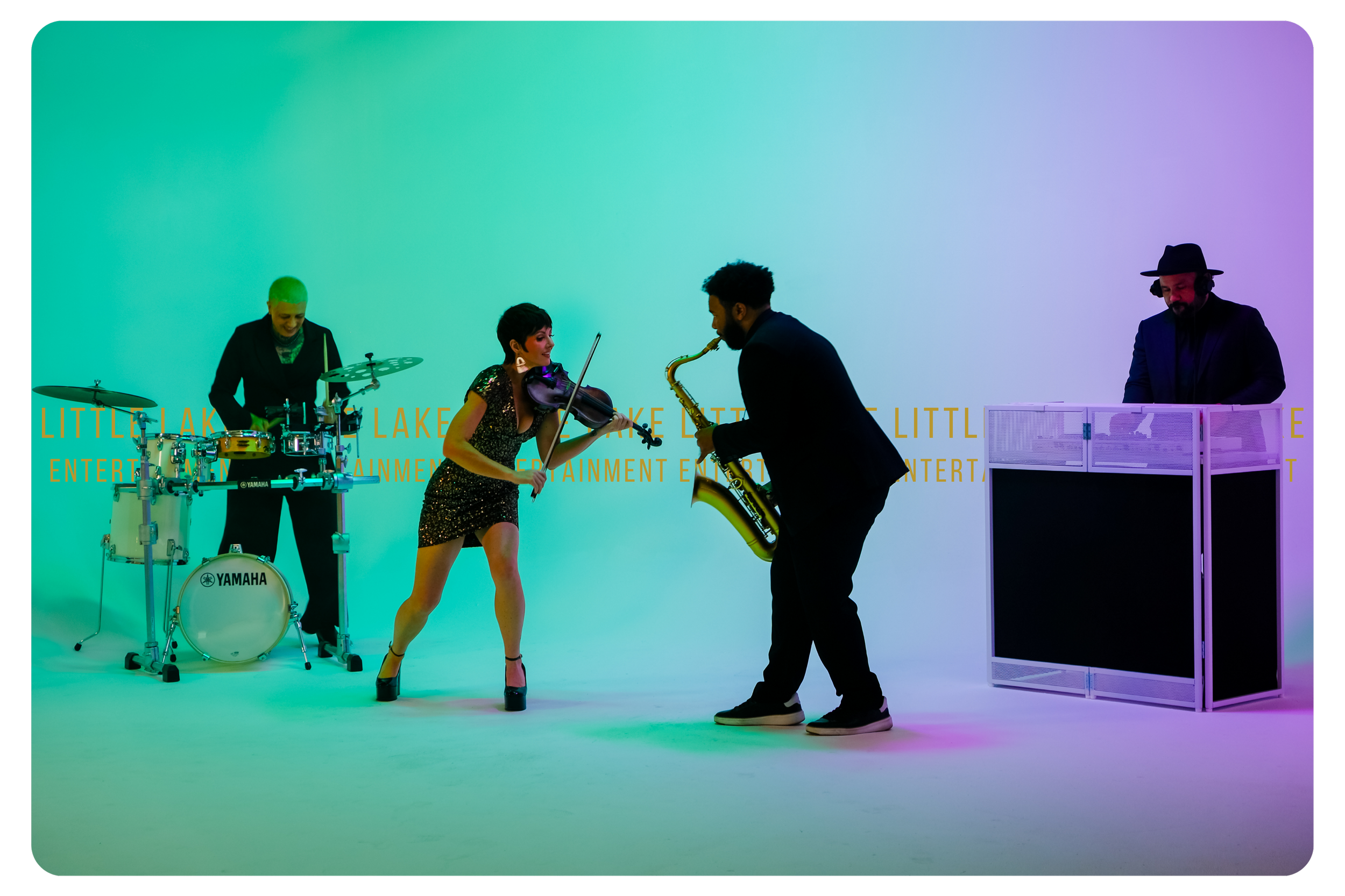 Four musicians performing with a drummer on the left, a violinist and a saxophonist in the center, and a keyboardist on the right, against a colorful gradient background.