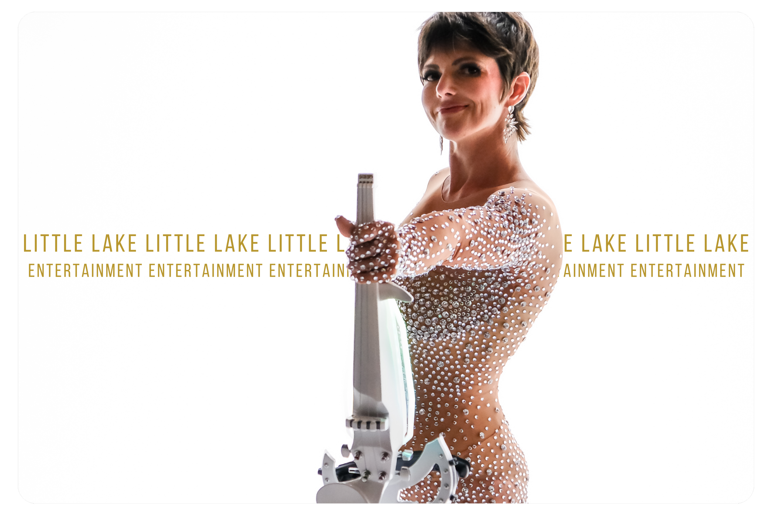 A woman dressed in a sparkling, rhinestone-studded outfit holding a ray gun, looking confidently at the camera with short hair.