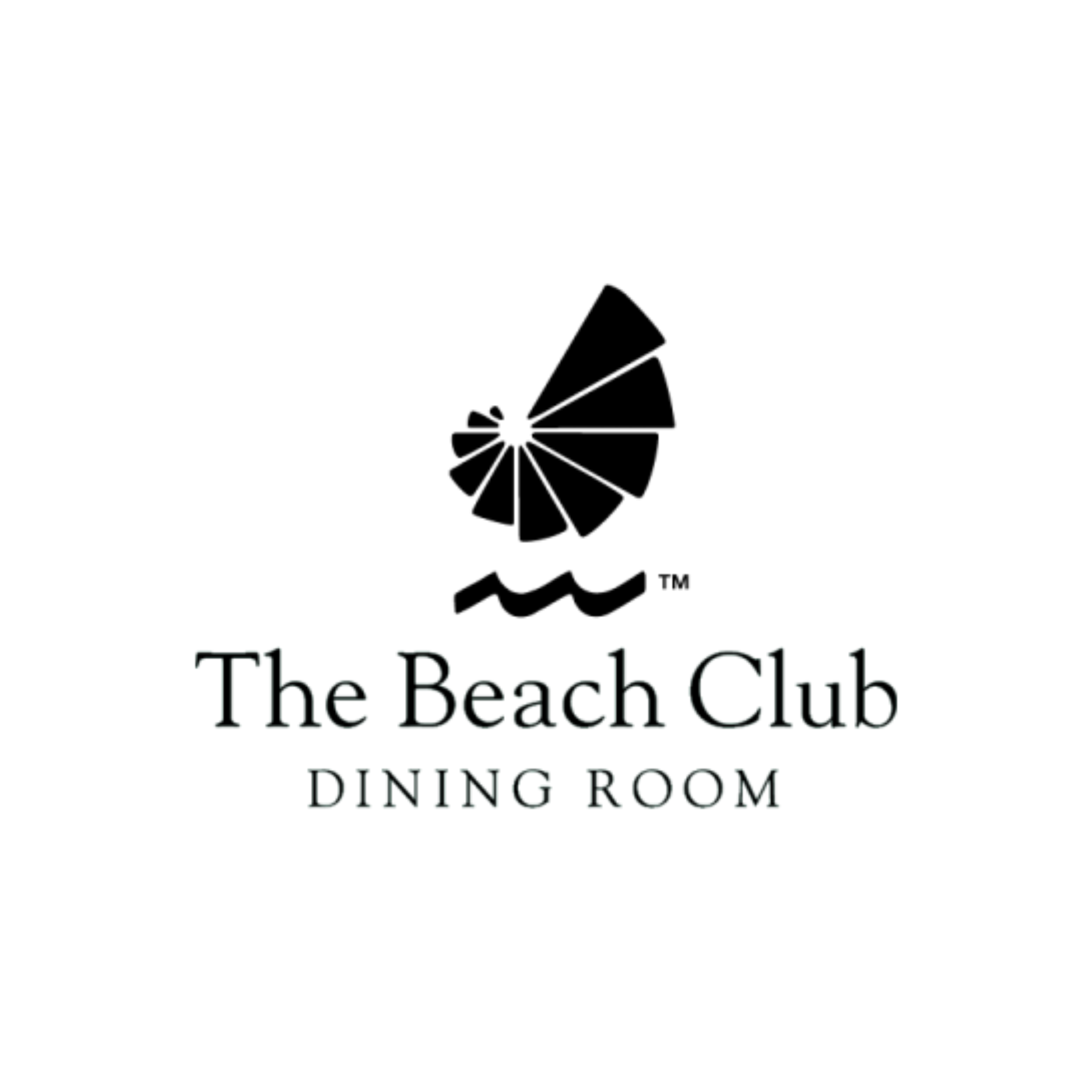 Sign for The Beach Club Dinning Room with a palm tree silhouette and vibrant pink and purple text.