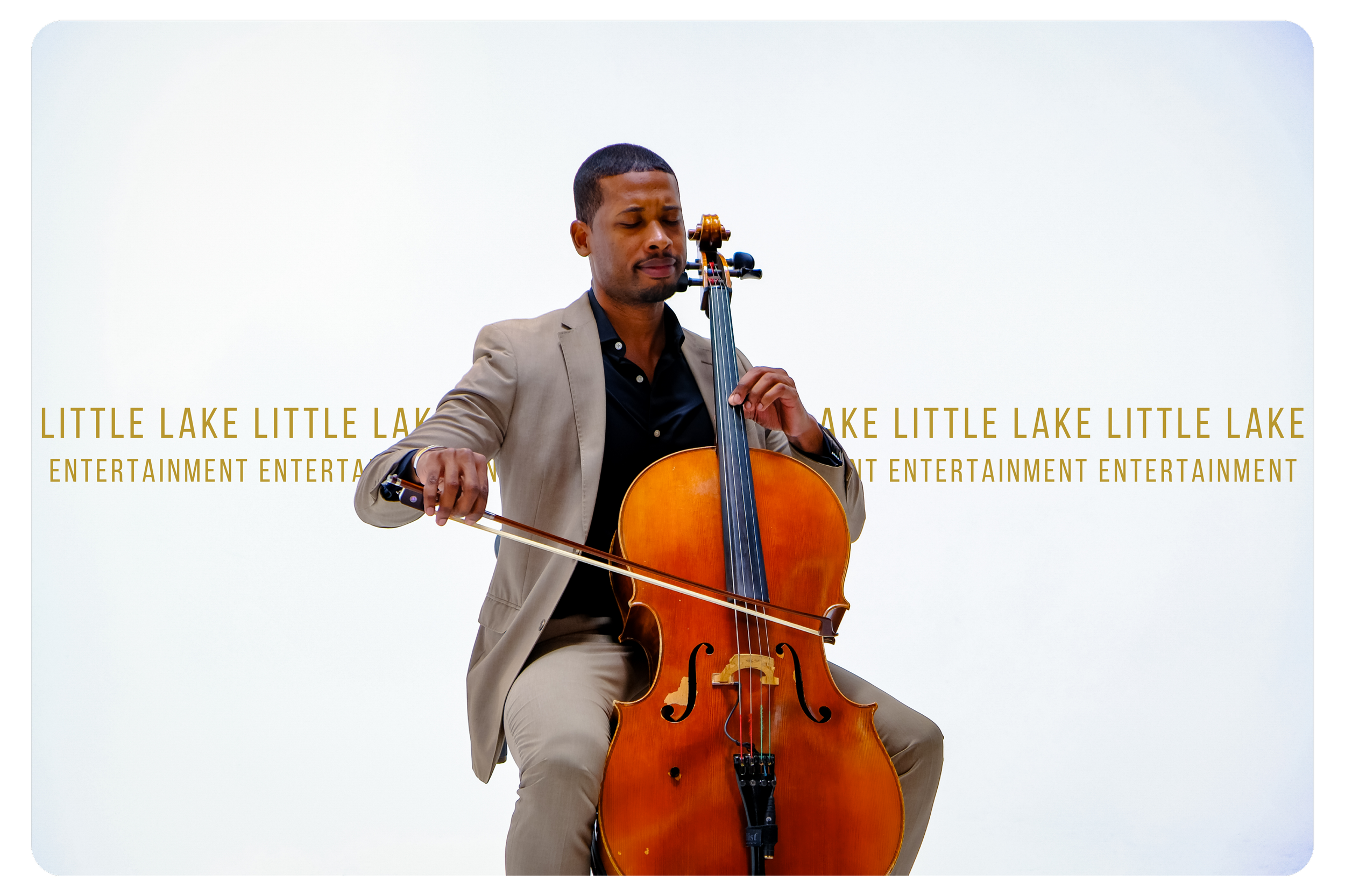 A man in a beige suit playing a cello in front of a white background with the words 'Little Lake Entertainment' repeated.