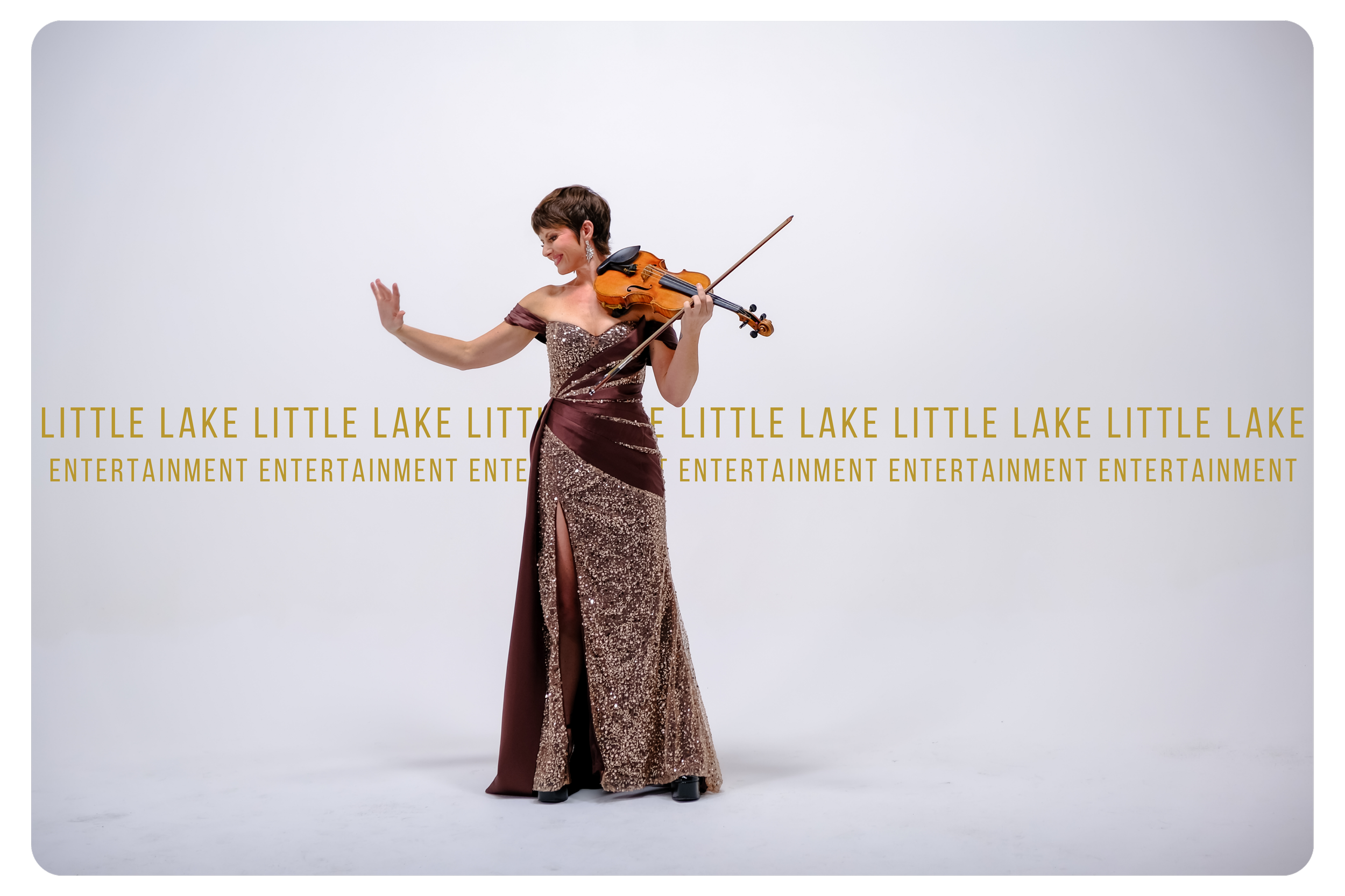 A woman in a shiny, elegant gown playing a violin against a white background with the words 'Little Lake' and 'Entertainment' in gold lettering.