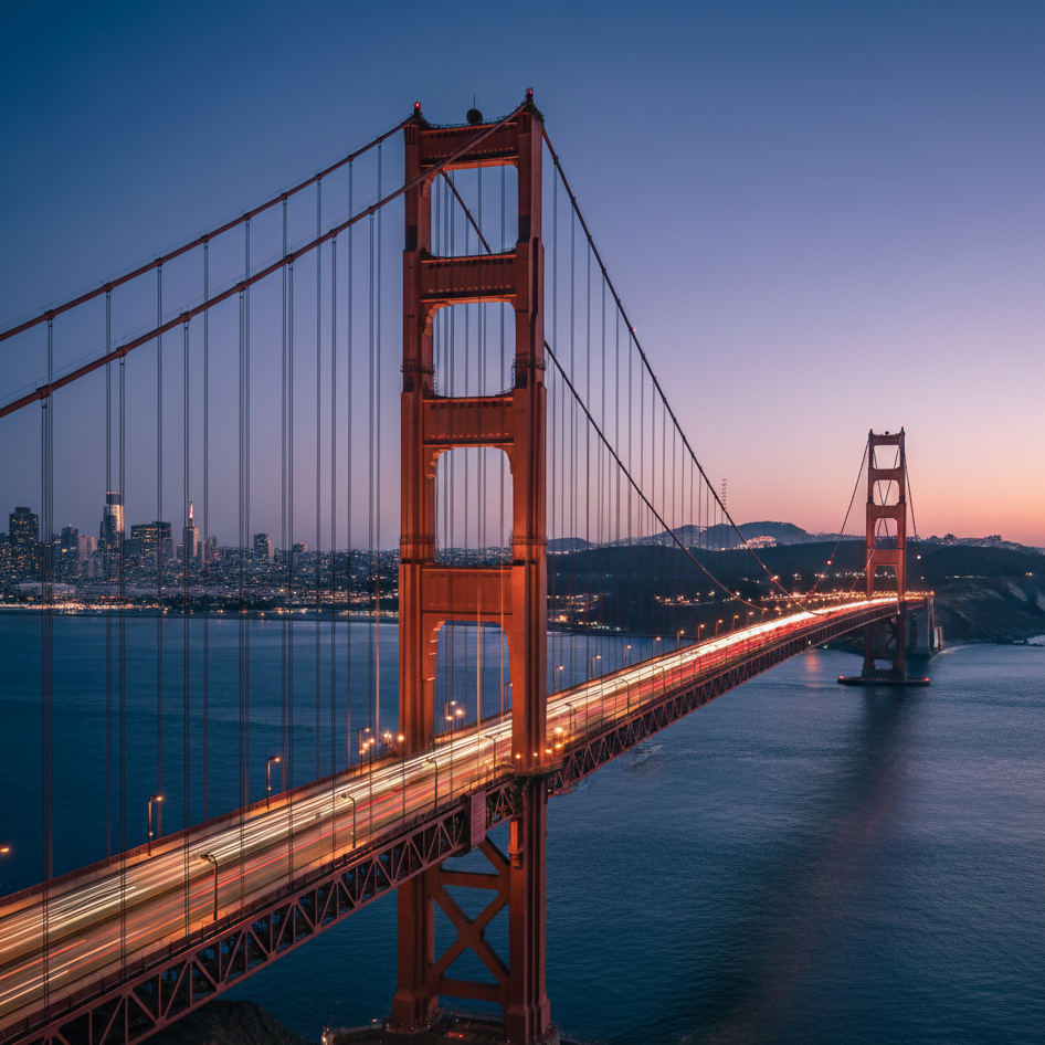 Golden Gate Köprüsü, akşam ışıklarıyla aydınlatılmış, şehir silueti arka planda, su üzerinde uzanıyor.