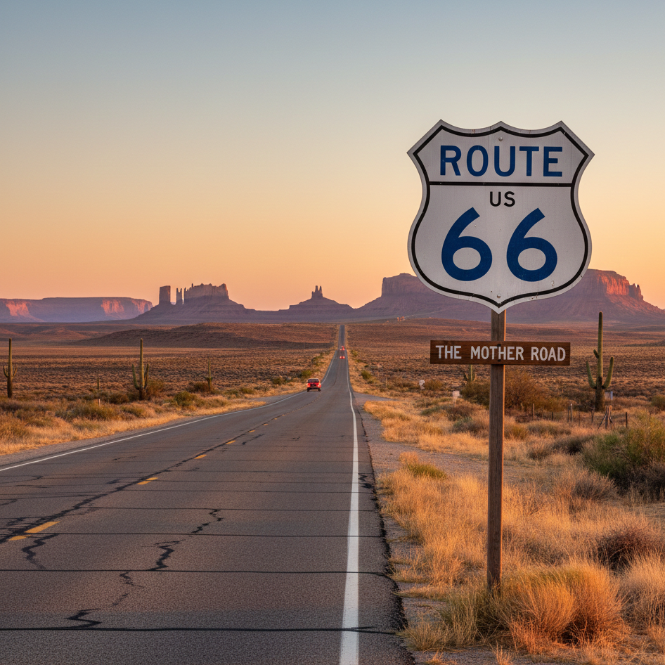 Güzel bir gün batımında Route 66 yol tabelası ve çöl manzarası, arka planda mesa ve yuvarlak tepelior