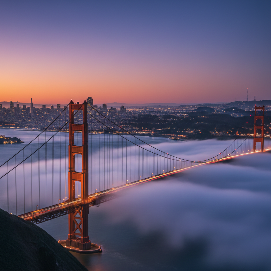 Golden Gate Köprüsü, San Francisco, gün batımı sırasında, denizde ve şehirde gece ışıkları with giderken, sis ve bulutlar denizin üzerinde küçük bir kalınlıkta, şehir siluetleri ve açık gökyüzü arka planda