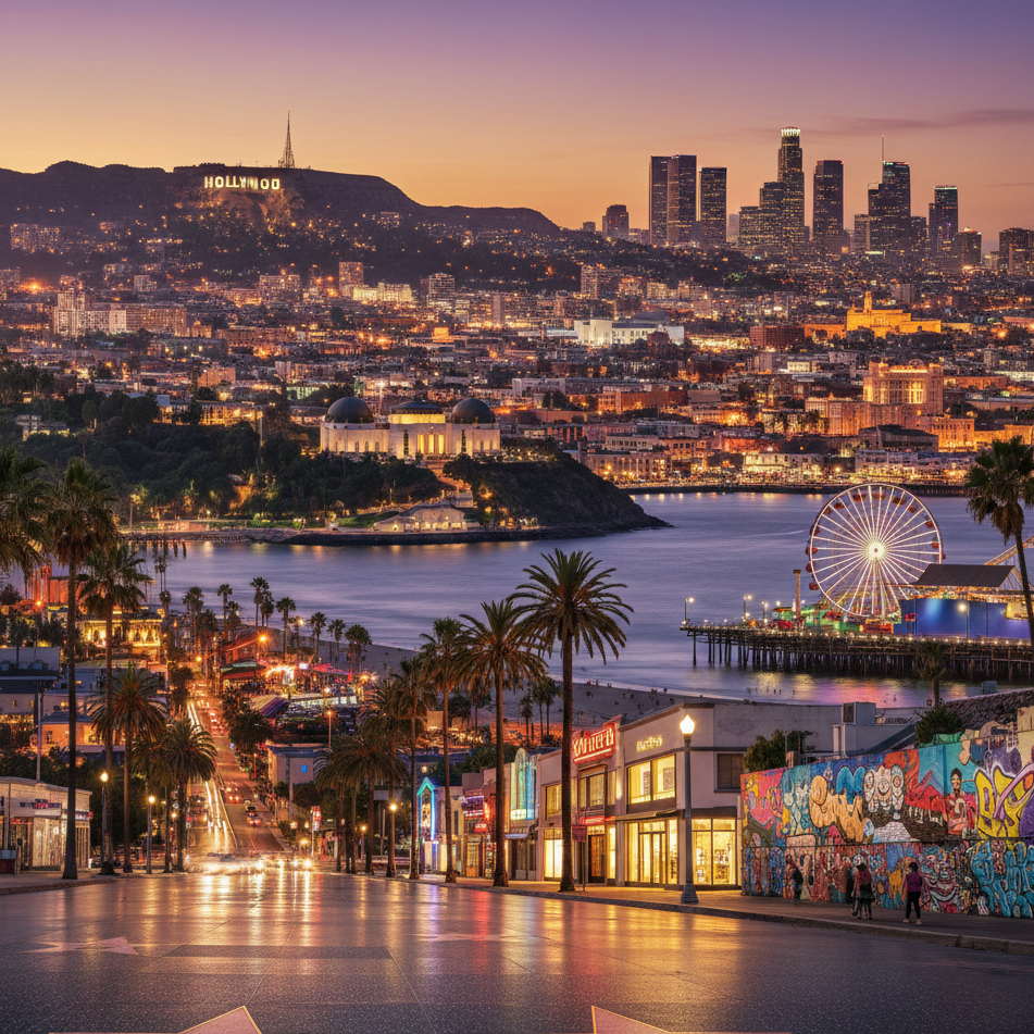 Los Angeles şehrinin gece manzarası, Hollywood yazısı, gökdelenler, nehir ve eğlence parkı ile palmiyeler