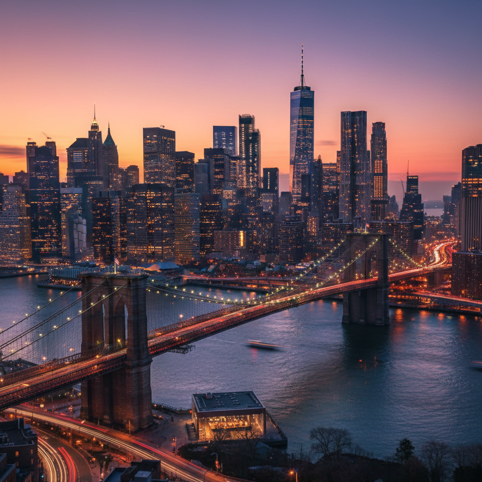 Gün batımında New York şehrinin yüksek binaları ve Brooklyn Köprüsü görülen görüntüsü.