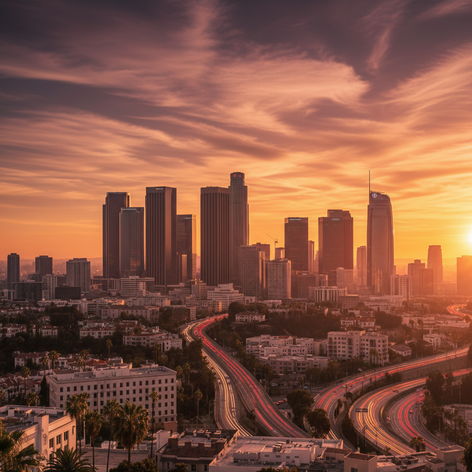 Gün batımında Los Angeles şehir silueti, gökdelenler ve ışıklı yollar.