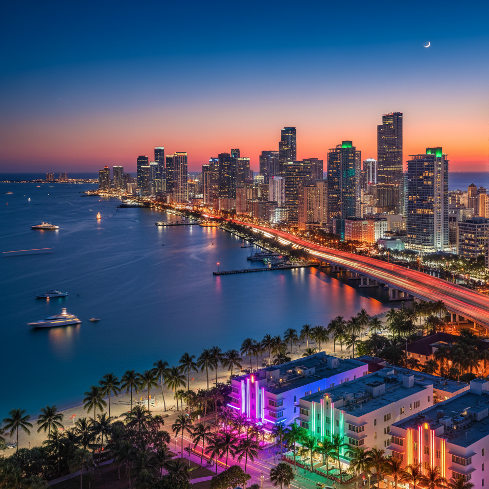 Gün batımı sonrası Miami şehir silueti, gökdelenler, birkaç yat ve lüks binalar, ön planda palmiyeler ve neon ışıklı bina