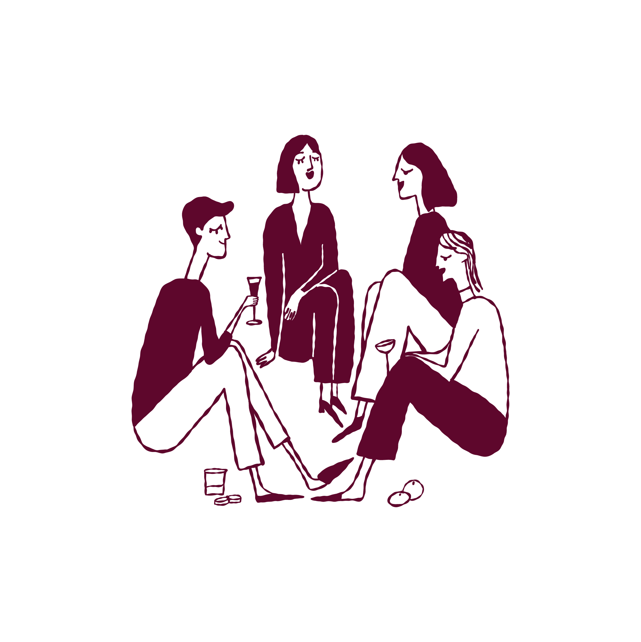 Drawing of five women socializing, some holding drinks, with food and drinks on the table.
