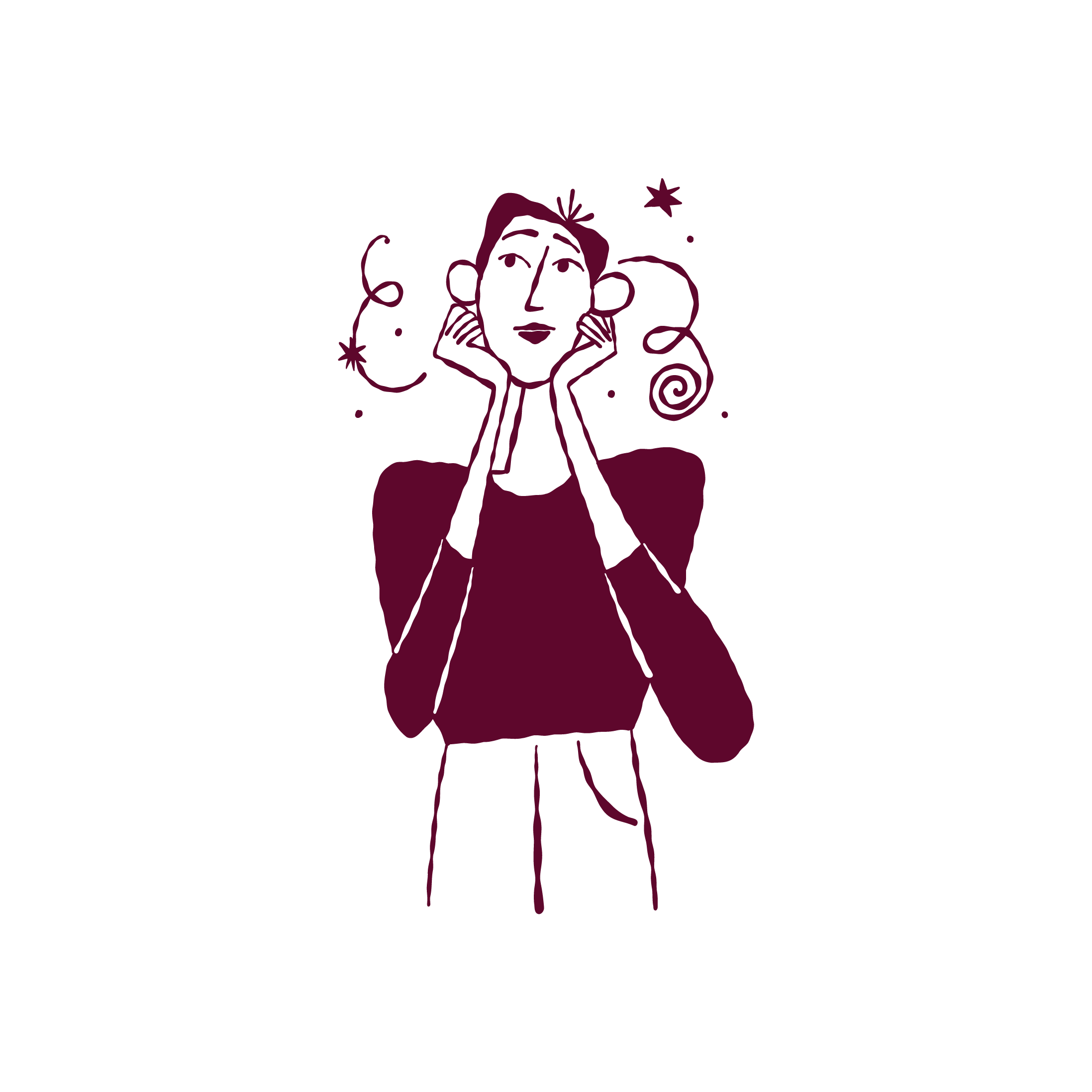Line drawing of a woman with hands on cheeks, surrounded by stars and swirls, on a black background.