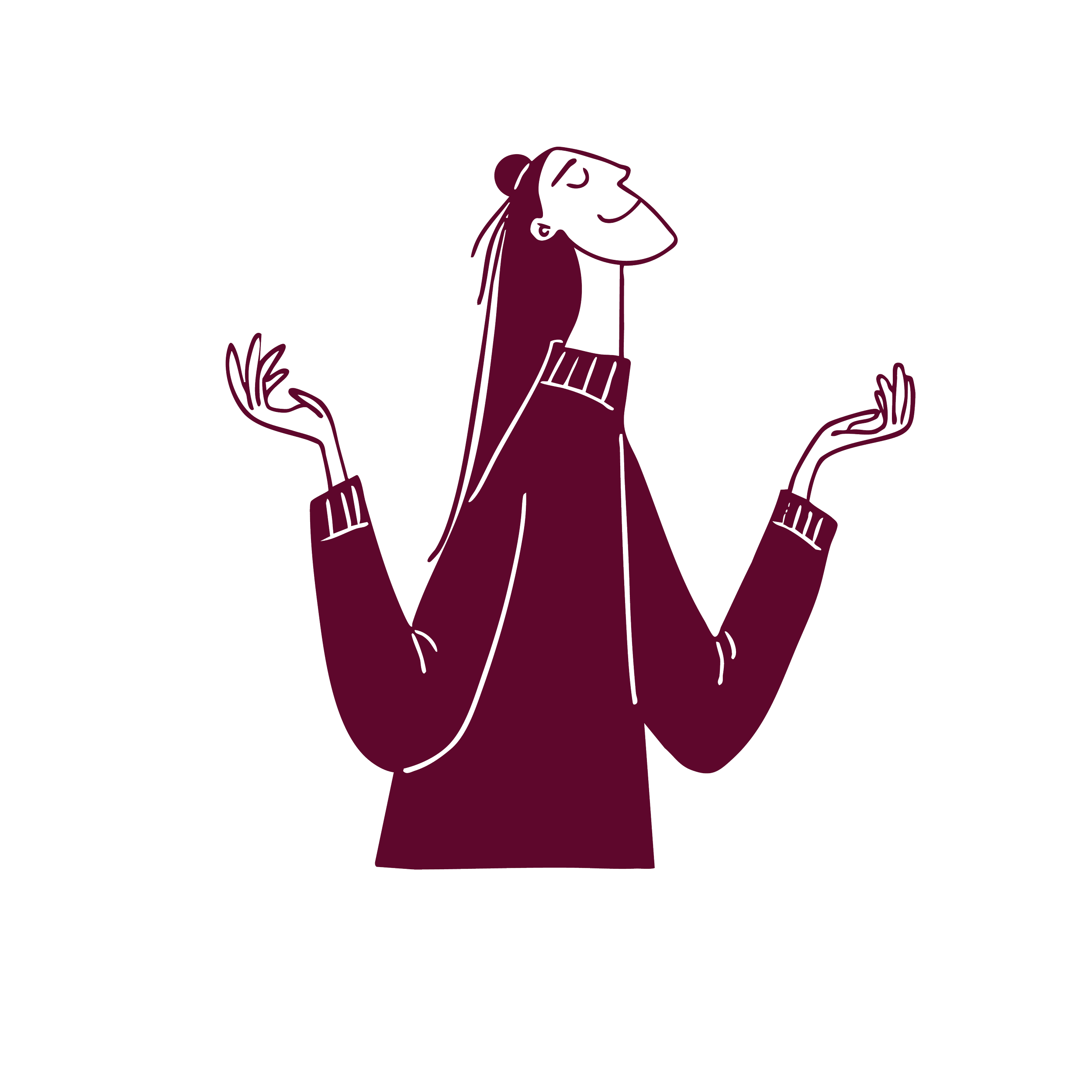 An illustration of a woman with long hair, wearing a beanie, a sweater, and gesturing with her hands.