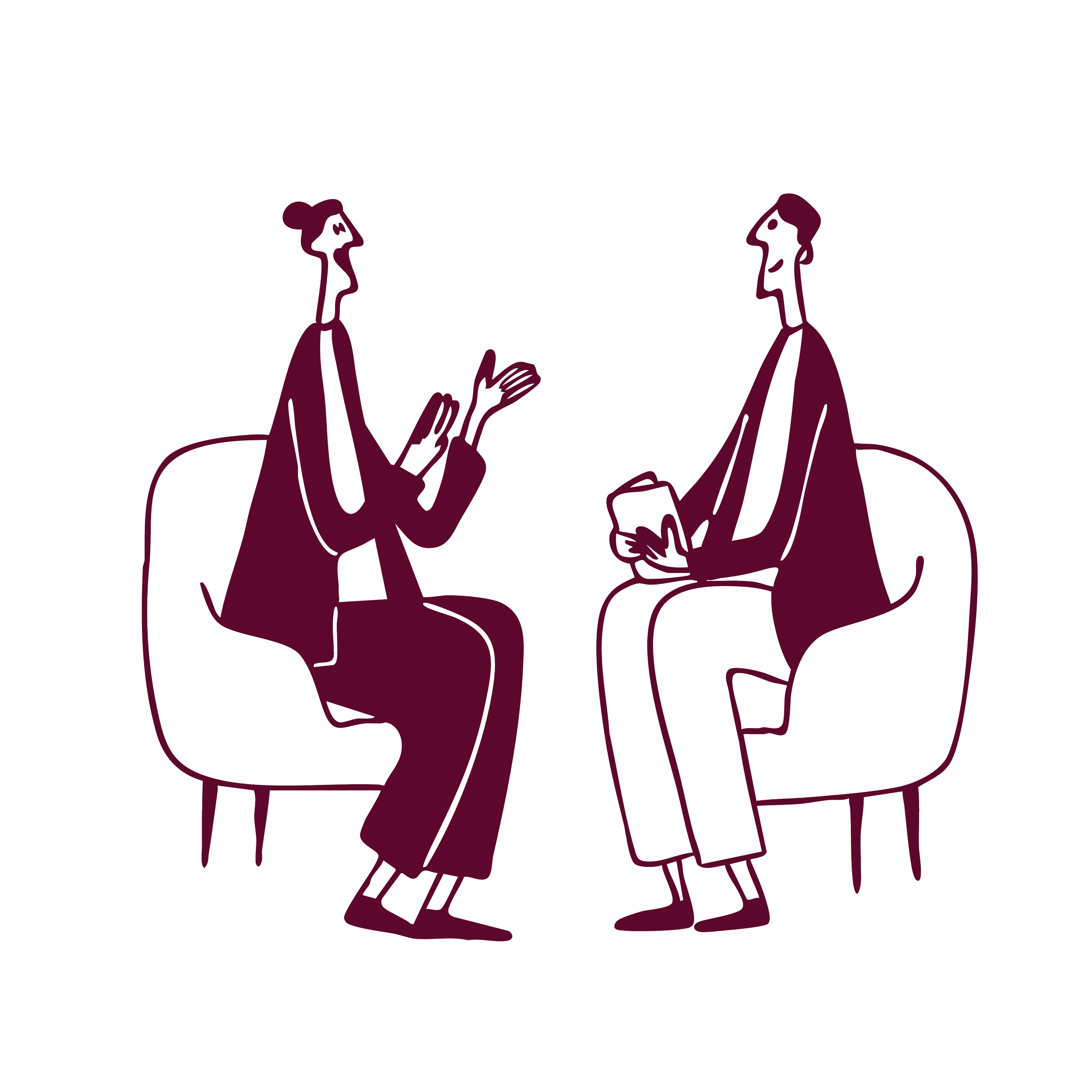 Two women facing each other, holding hands, engaged in conversation, drawn with a minimalist maroon outline