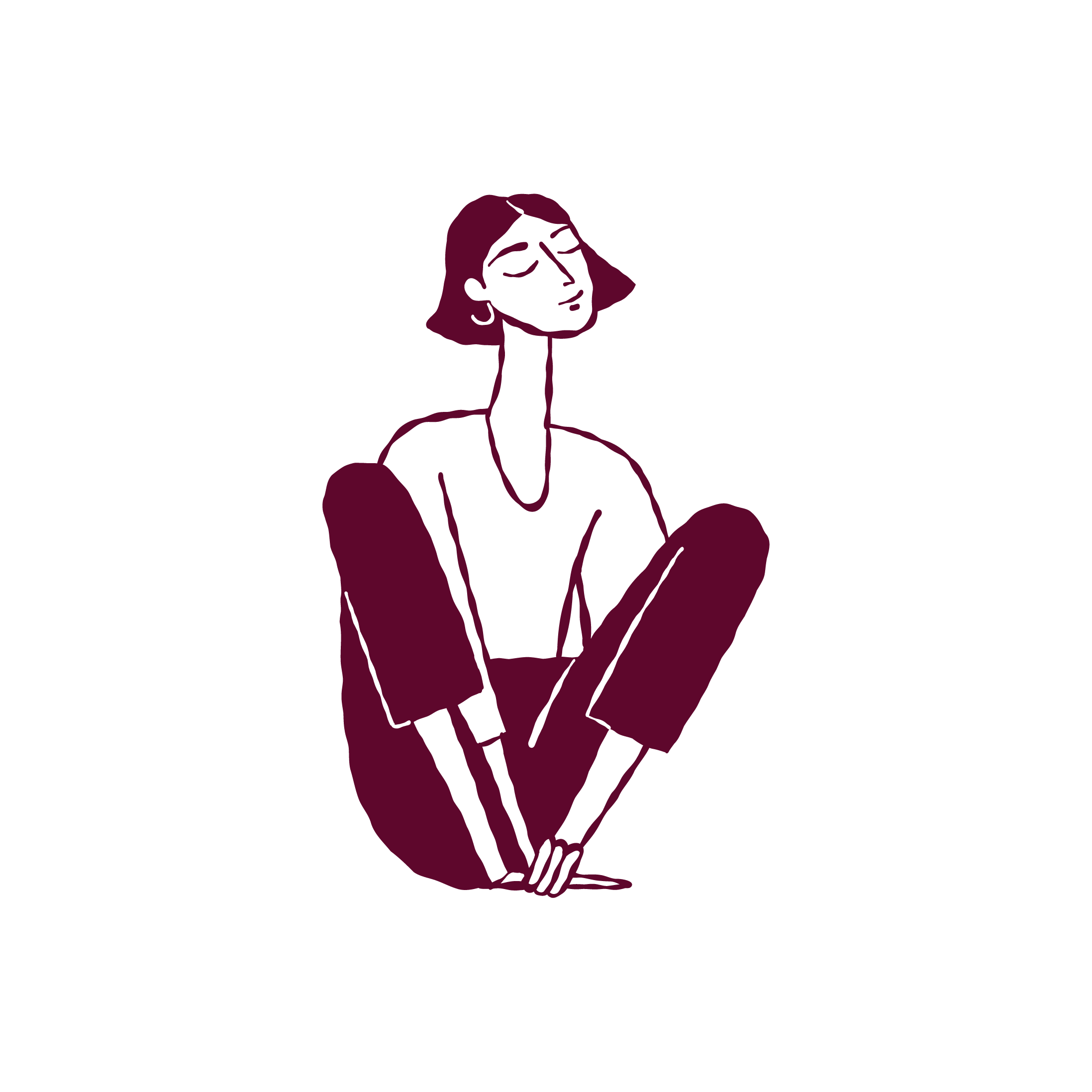 Line drawing of a person sitting cross-legged with eyes closed and hands in a prayer position, eyes closed and head tilted slightly.