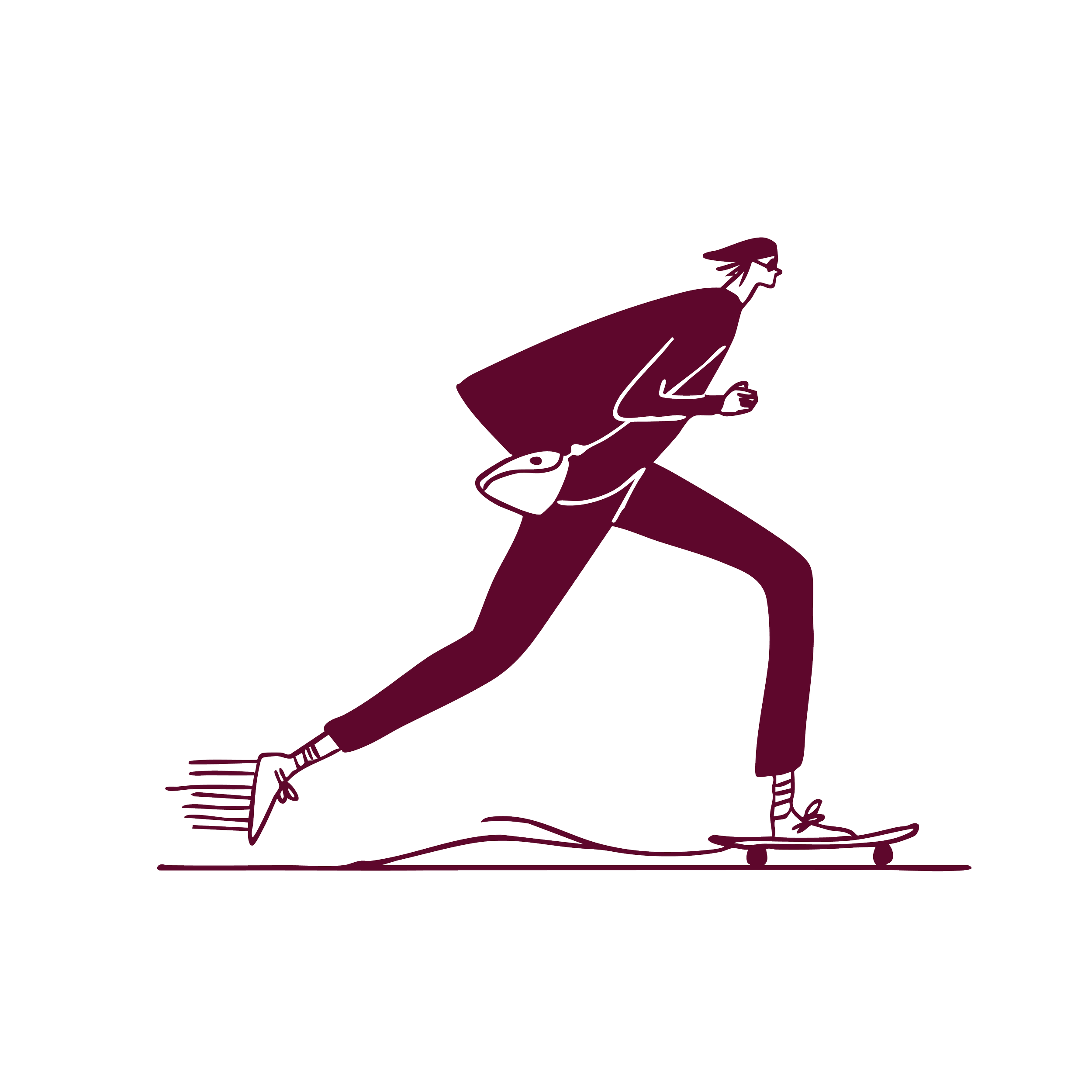 A stylized figure of a person with purple hair, wearing a purple cape, running with a skateboard.