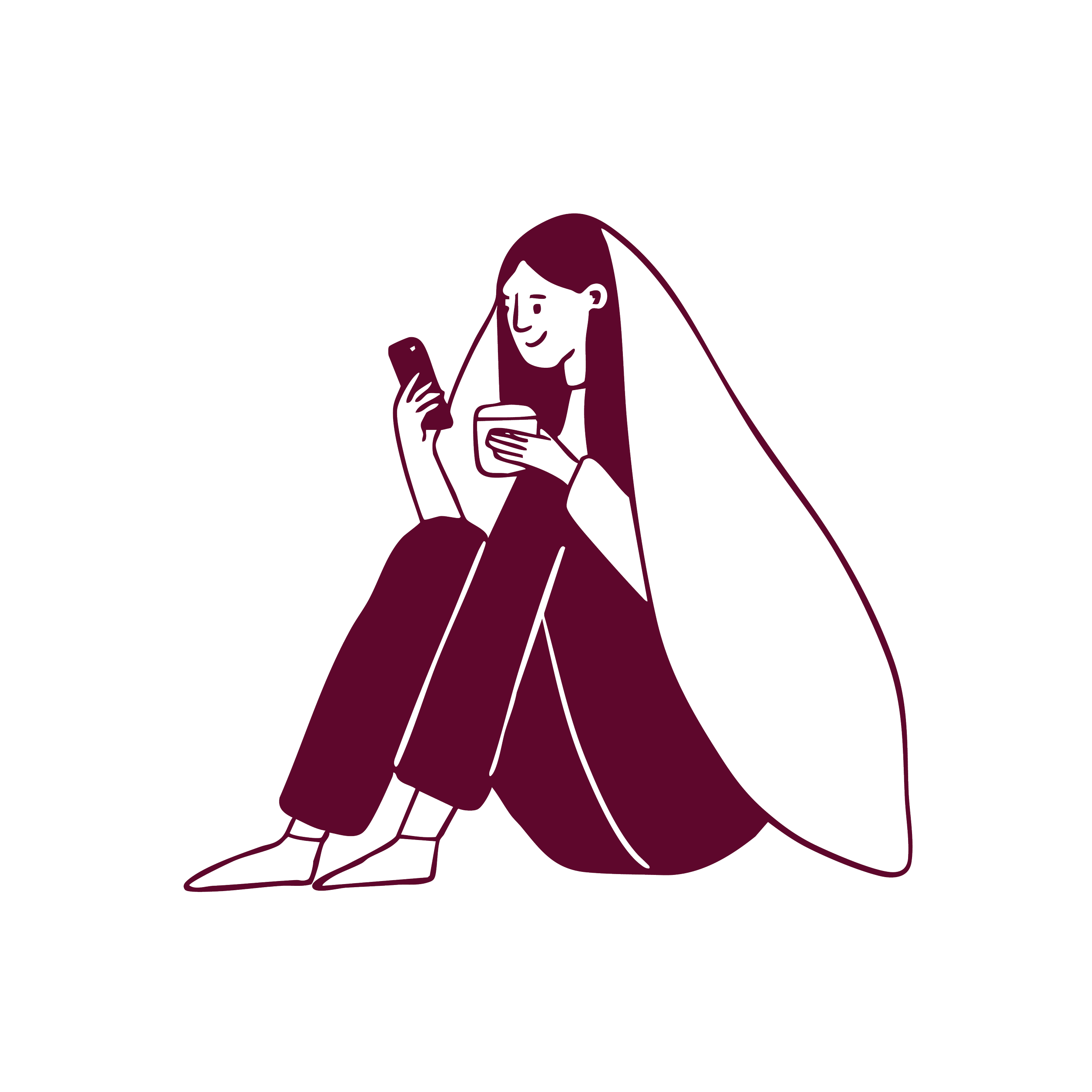 Line drawing of a woman with long hair, wearing a dress, looking at her phone, with a ceiling lamp above her