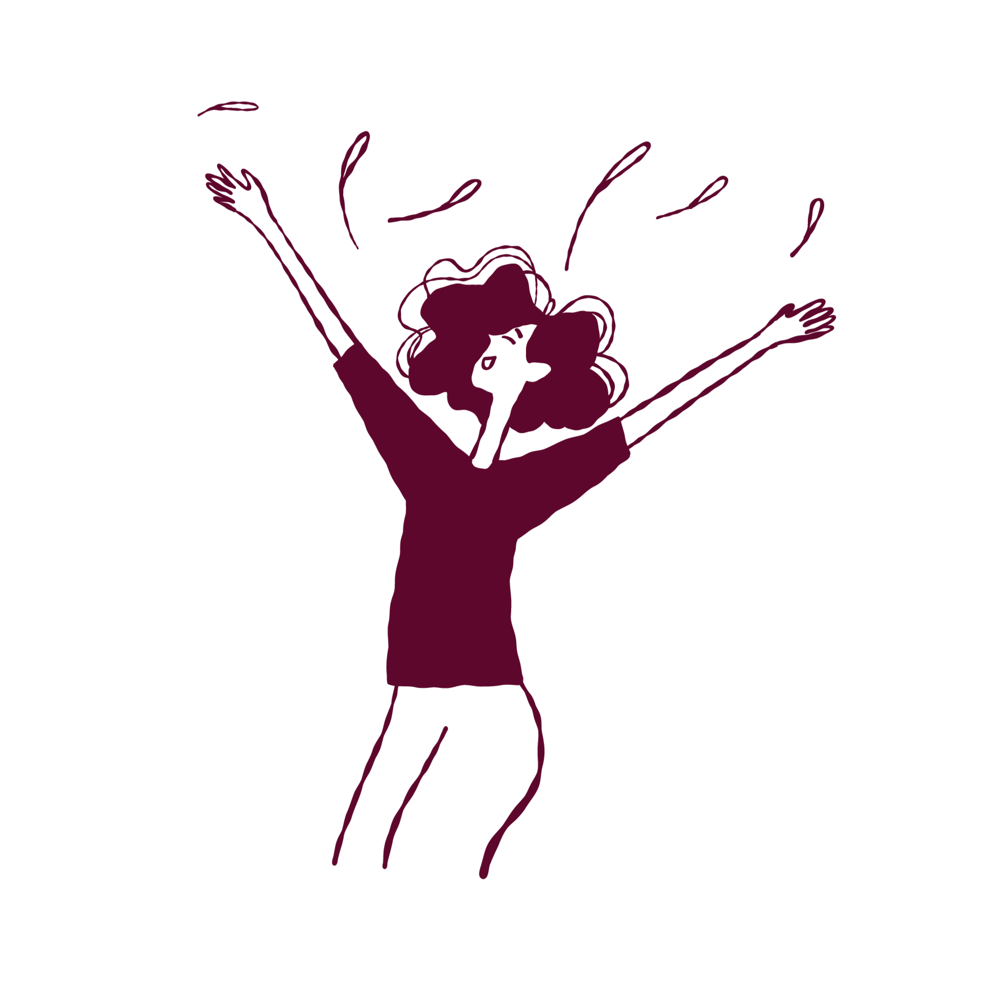 Line drawing of a woman with curly hair raising her arms, surrounded by abstract shapes and hand gestures.