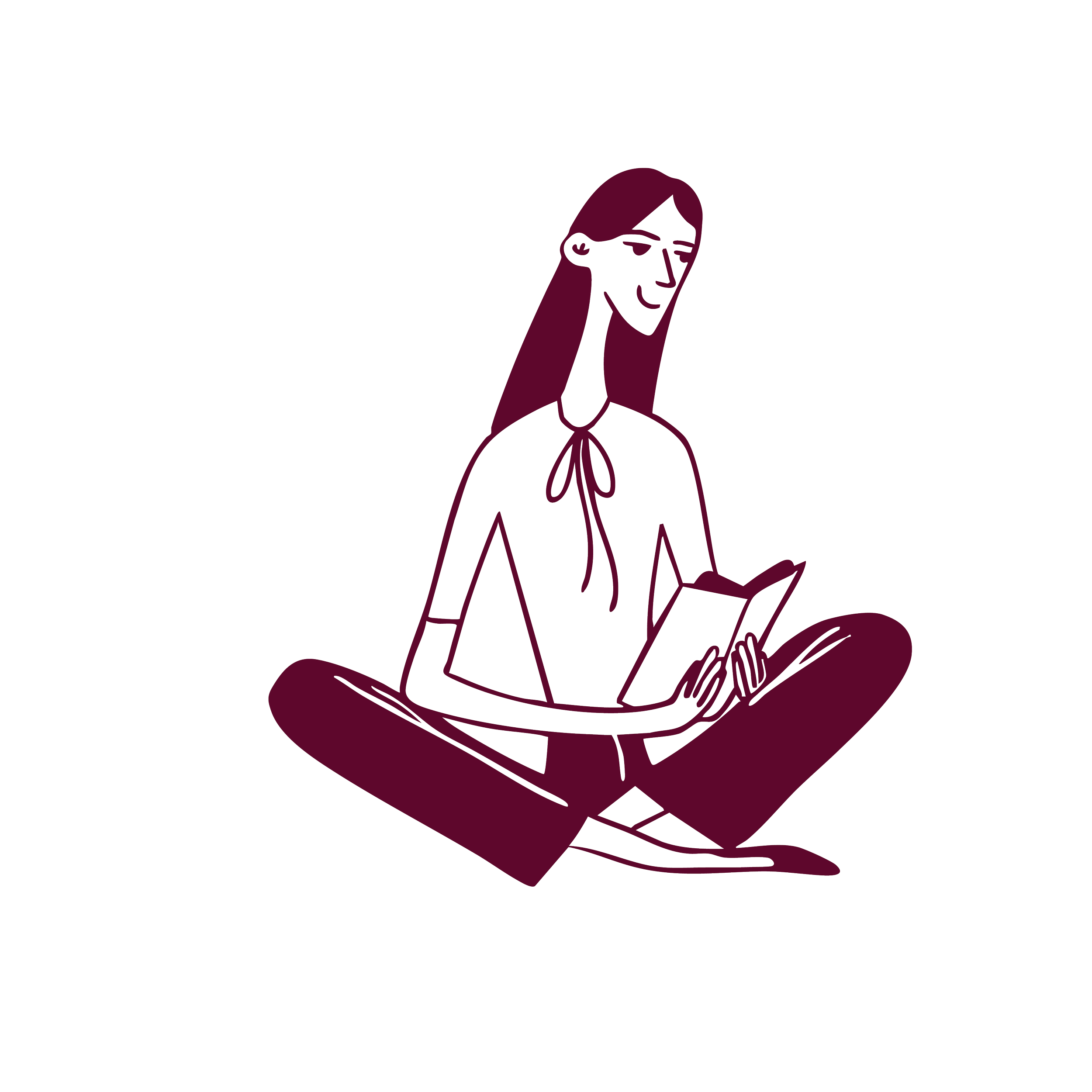 Line drawing of a person sitting on the ground with one knee up, wearing glasses, a long-sleeved coat, and shoes. The person is reading a book.