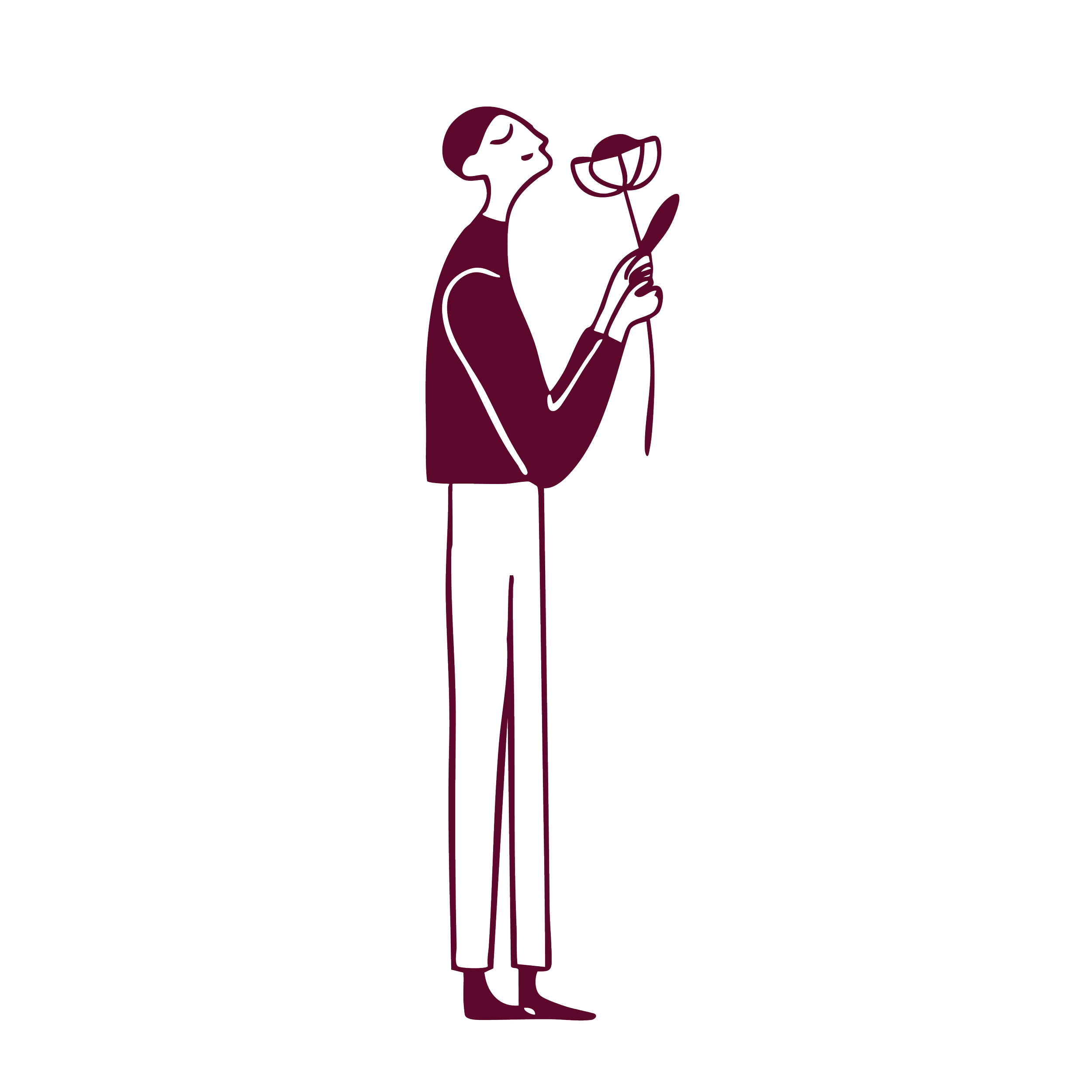 Minimalist line drawing of a person with short hair, holding a large flower and looking at it.