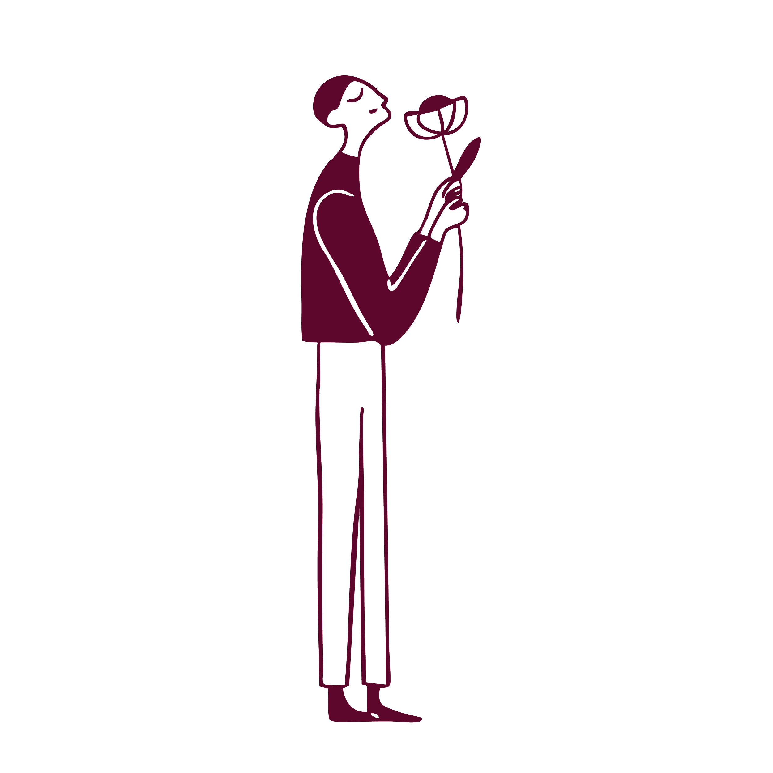 Line drawing of a woman with shoulder-length hair, wearing a sleeveless dress, holding a rose close to her face.