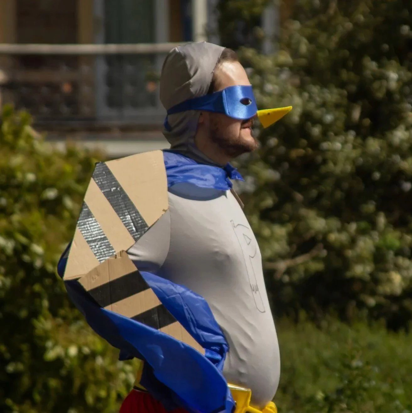 Person in a homemade superhero costume, wearing a blue cape, blue mask with a yellow beak, and a gray hood, standing outdoors during daytime.