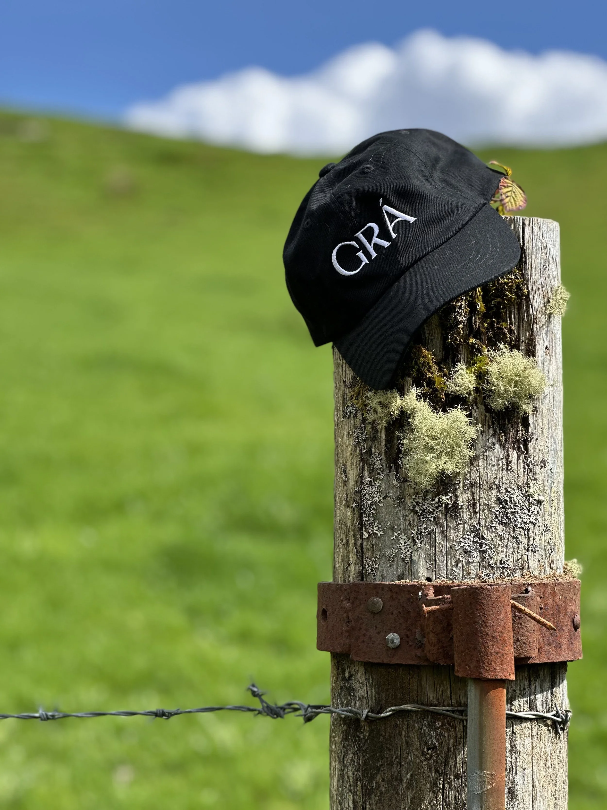A black baseball cap resting on a weathered wooden fence post with moss and lichen, outdoors in a grassy field with a bright blue sky and white clouds in the background in Gougane Barra Forest Park, West Cork, Ireland.