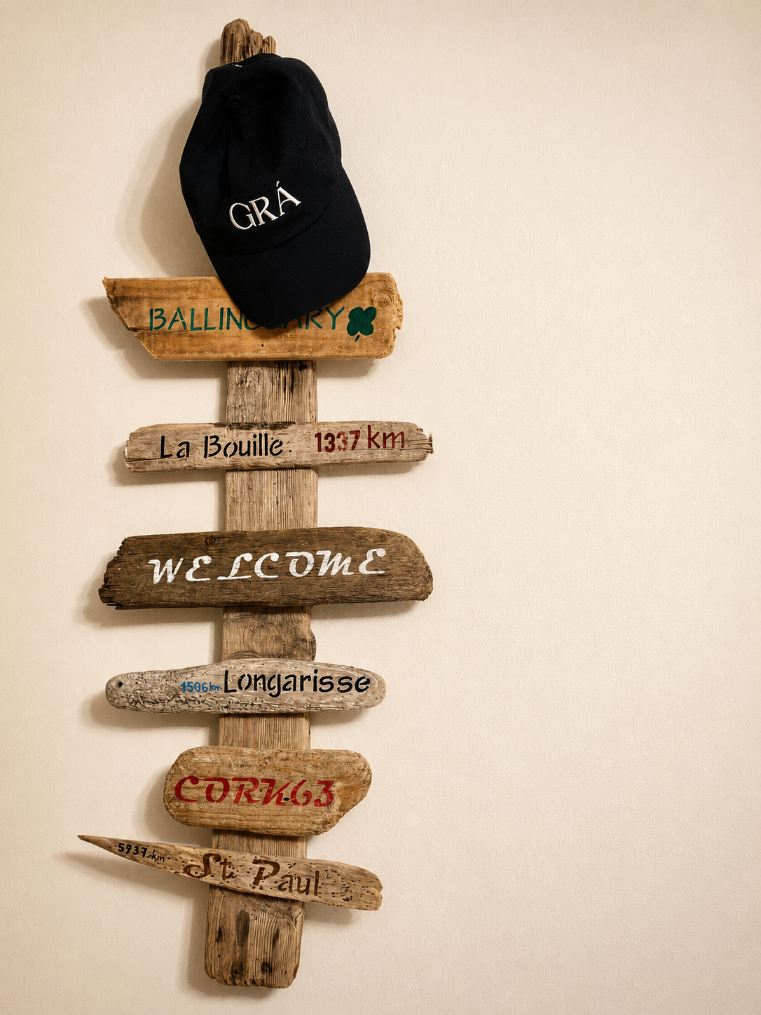 A wooden signpost with multiple weathered planks, some painted with distances or locations in kilometers, and a black cap with the word 'GRA' hangs at the top.