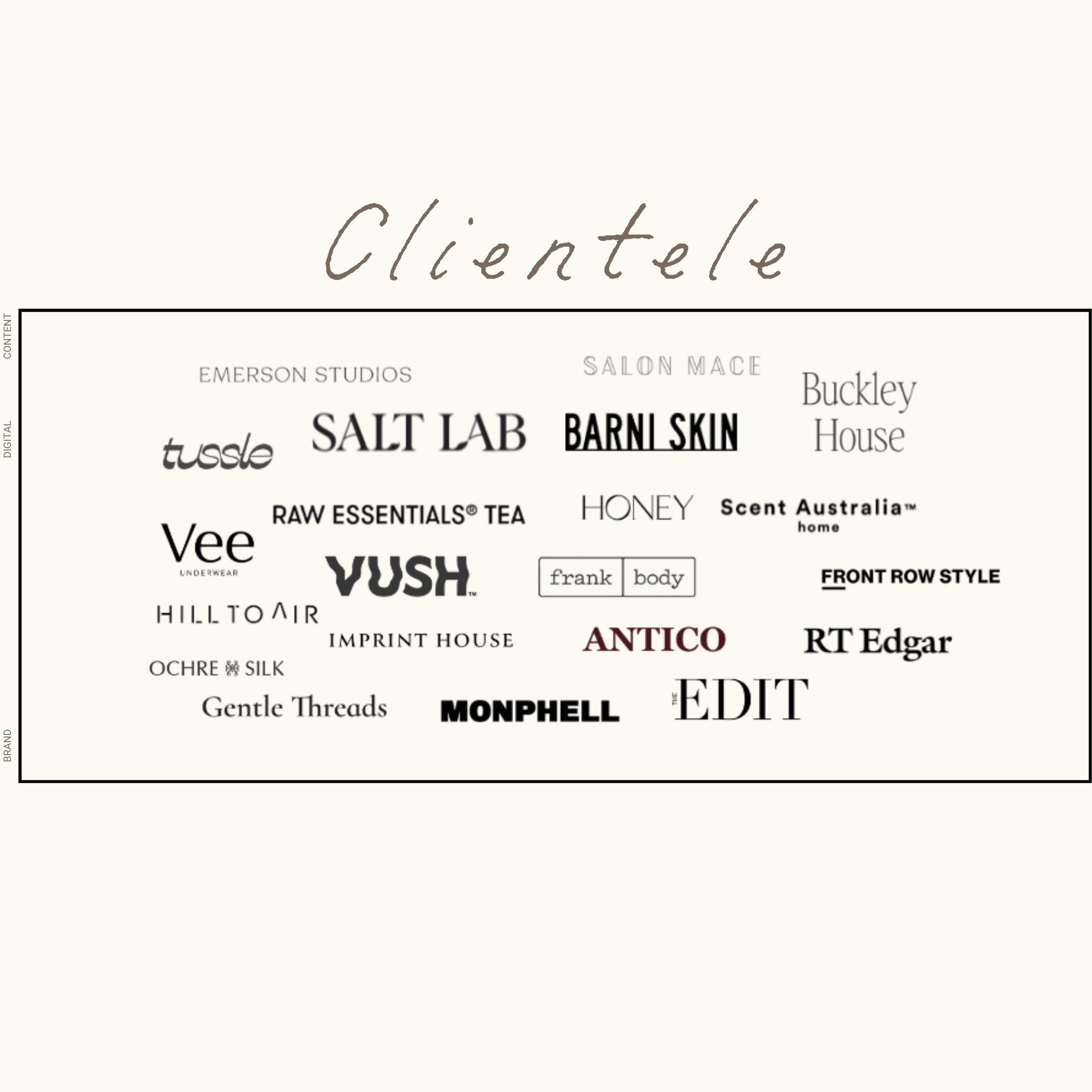 A selection of various cosmetic brand names and products displayed in different fonts and sizes on a white background.