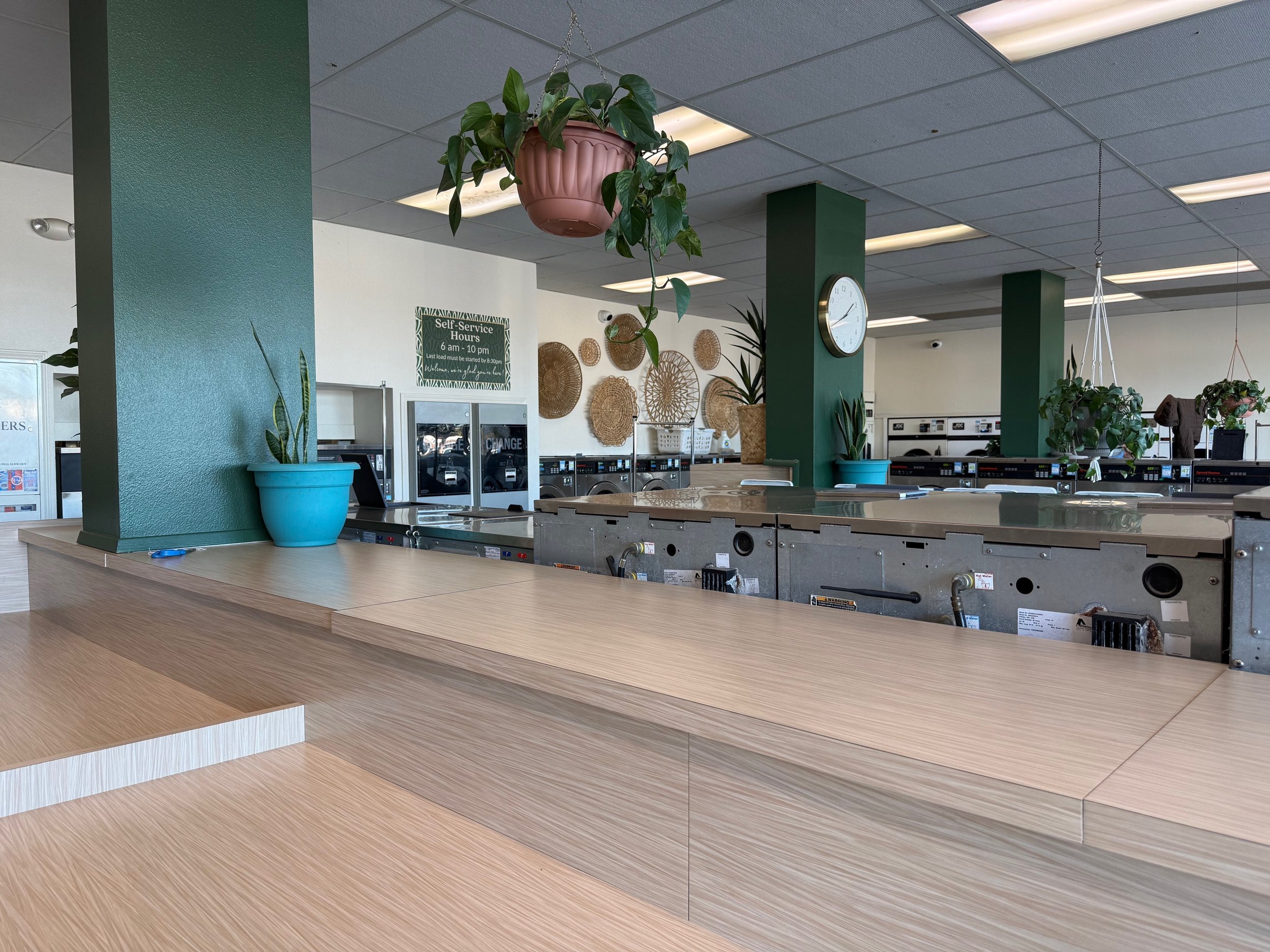 Interior of a laundromat with wooden countertops, potted plants, washers and dryers in the background, and a wall clock.