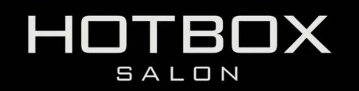 Logo with the text 'HOTBOX SALON' in gray and white on a black background.