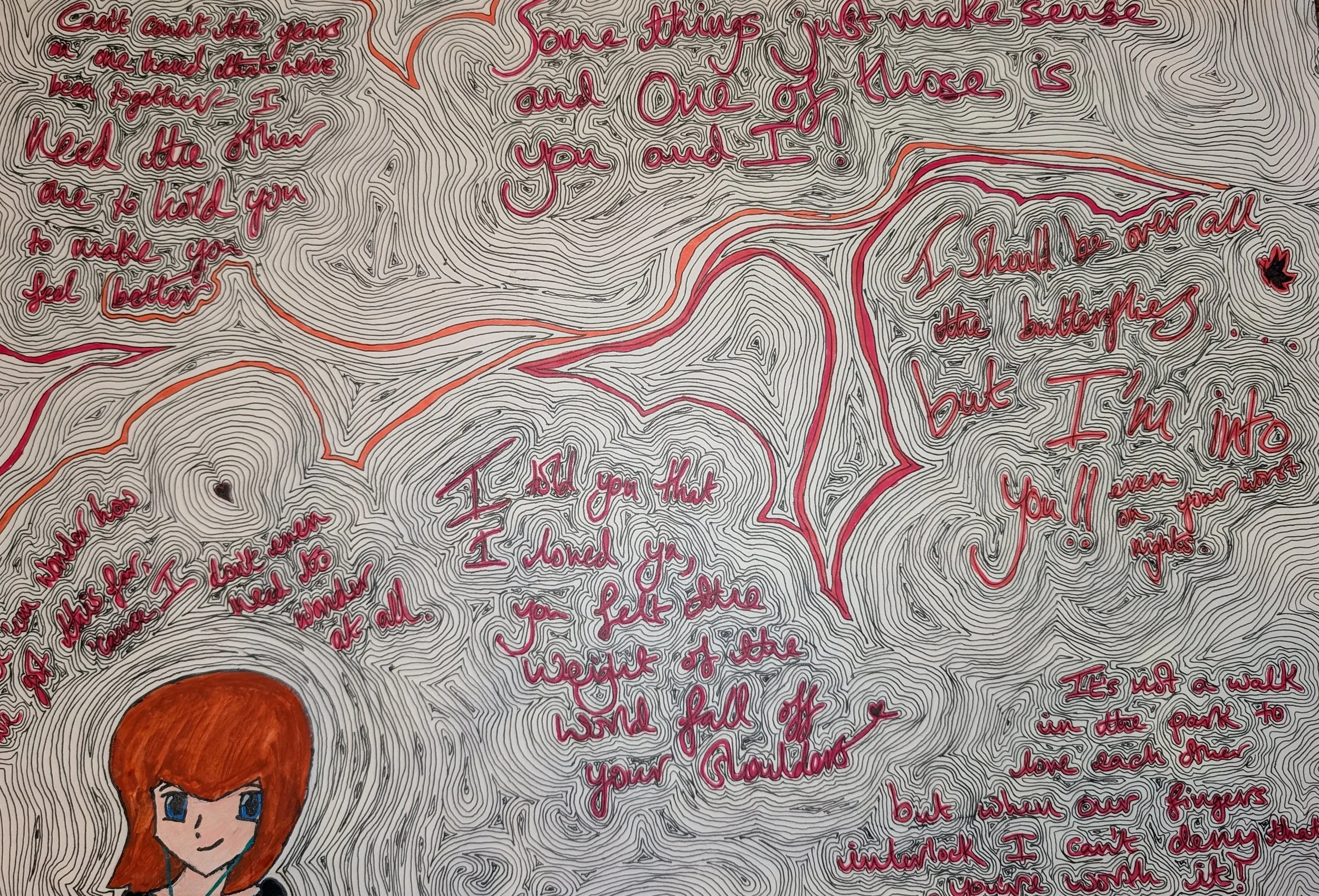 A drawing with intricate black and white line patterns and lyrics, featuring a cartoon girl with reddish-brown hair and blue eyes, surrounded by the world that comes to life when she puts her headphones on - by Bronwyn Putman at Forgotten Loves