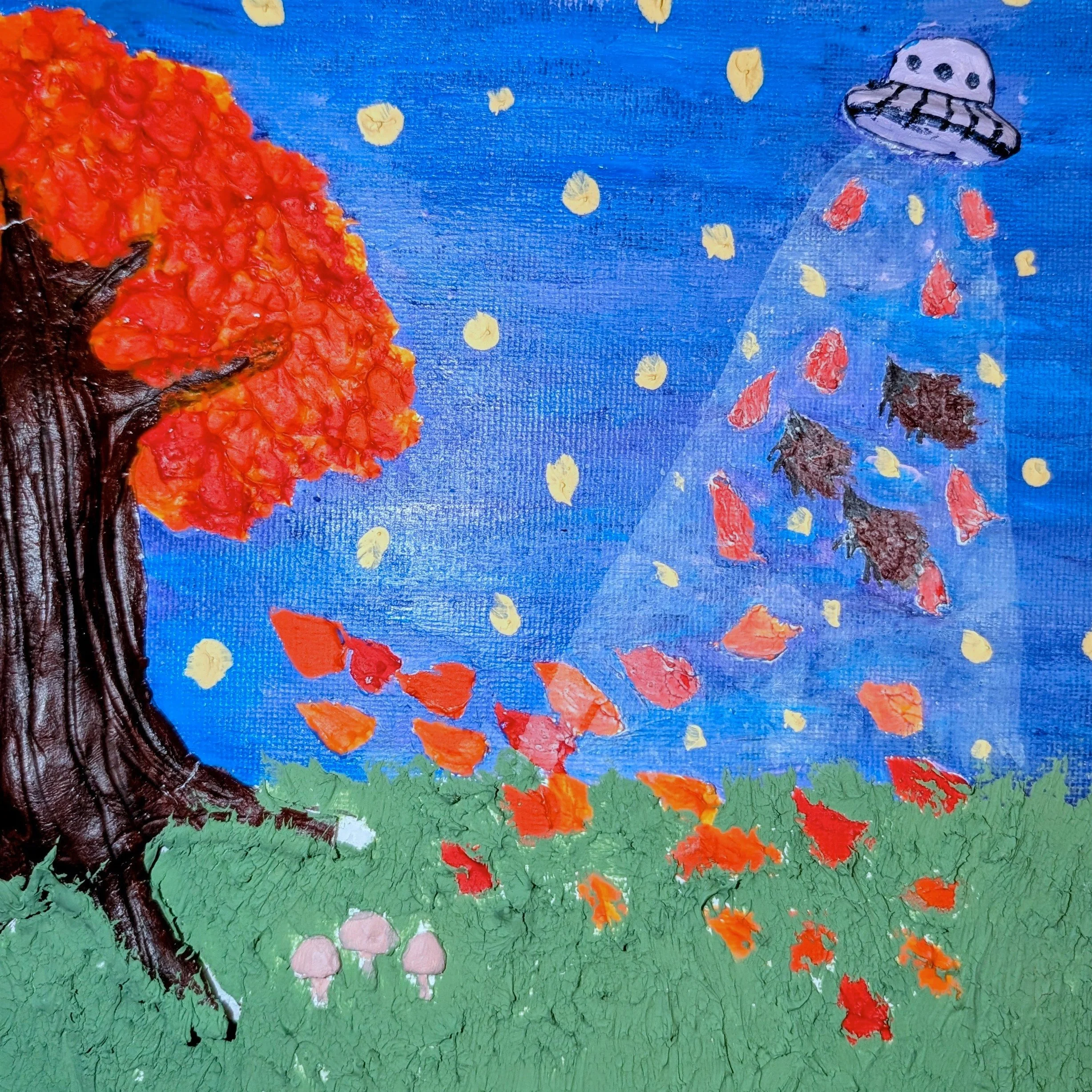 A 3D canvas illustrating a tree in Autumn, with leaves drifting away, and hedgehogs being abducted by aliens. Created using acrylic paint and clay - by Bronwyn Putman at Forgotten Loves